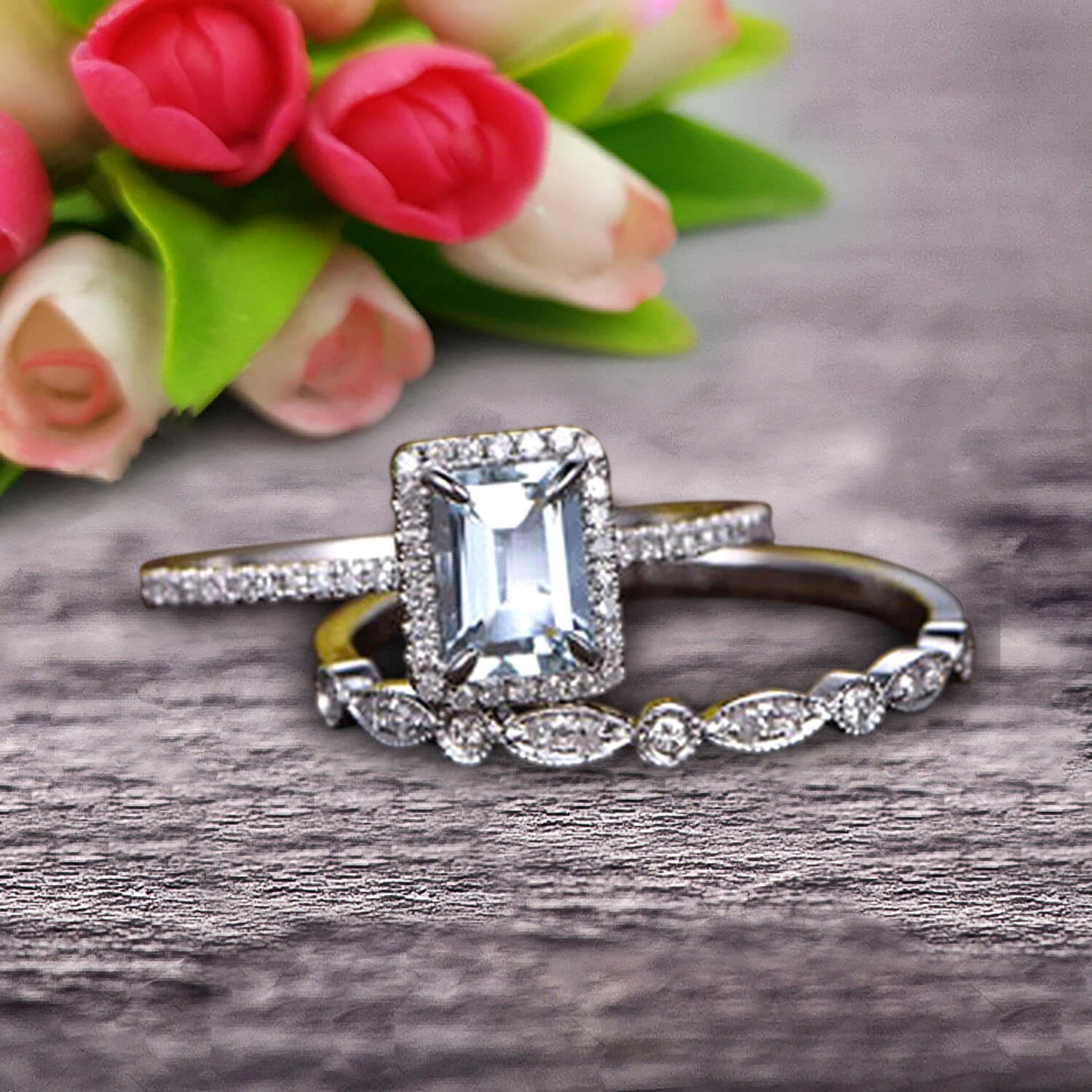 1.75 Carat Classic Emerald Cut 10k White Gold Aquamarine and Moissanite Wedding Ring Set - Art Deco Milgrain Design for Bridal, Engagement, Anniversary and Special Occasions