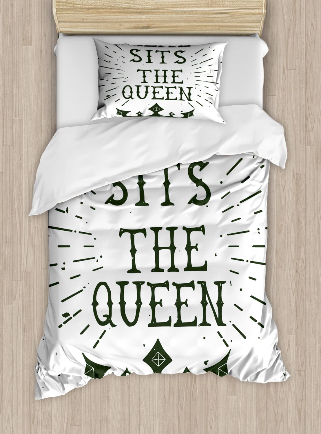 Ambesonne Queen Duvet Cover Set - Vintage Grunge 'Here Sits The Queen' Design with Antique Crown Royalty Theme | 2-Piece Twin Size Bedding Set (Duvet Cover + Pillowcase) in Charcoal Grey & White | Perfect for Hipster Bedrooms, Guest Rooms & Bohemian Decor