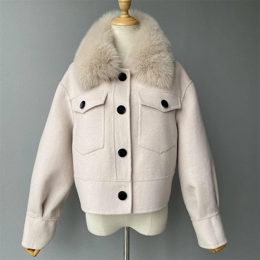 Luxury Women's Cashmere Wool Coat with Real Fur Collar - Winter Cropped Jacket, Full Sleeves & Pockets - Streetwear Outerwear for Cold Weather & Fashion Outings