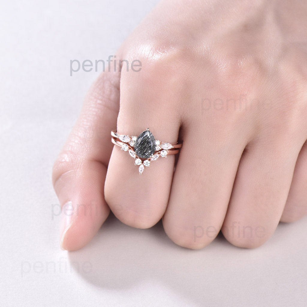 Pear Shaped Black Rutilated Quartz Engagement Ring & Wedding Band Set - Elegant Cluster Design for Proposals, Anniversaries & Bridal Jewelry