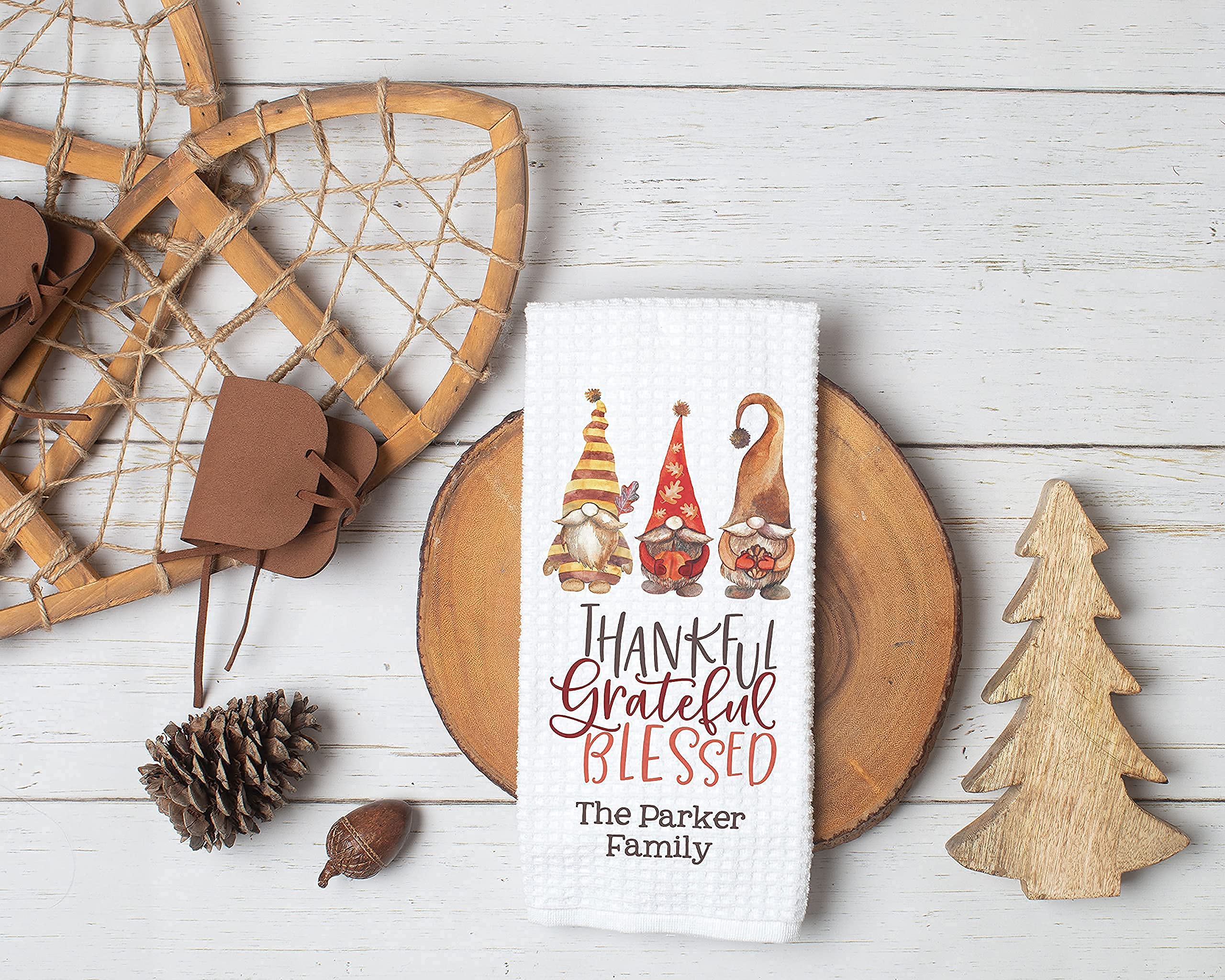 Personalized Thankful Grateful Blessed Kitchen Towel - Waffle Weave Dish Towel for Fall & Thanksgiving - Custom Seasonal Decor with Gnome Design - Perfect for Holiday Cooking, Hostess Gifts & Farmhouse Kitchen Decor