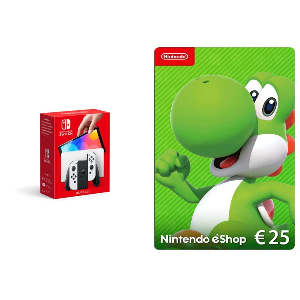 Nintendo Switch OLED Model White Console with $25 eShop Gift Card - Portable Gaming for Travel, Parties & Family Fun