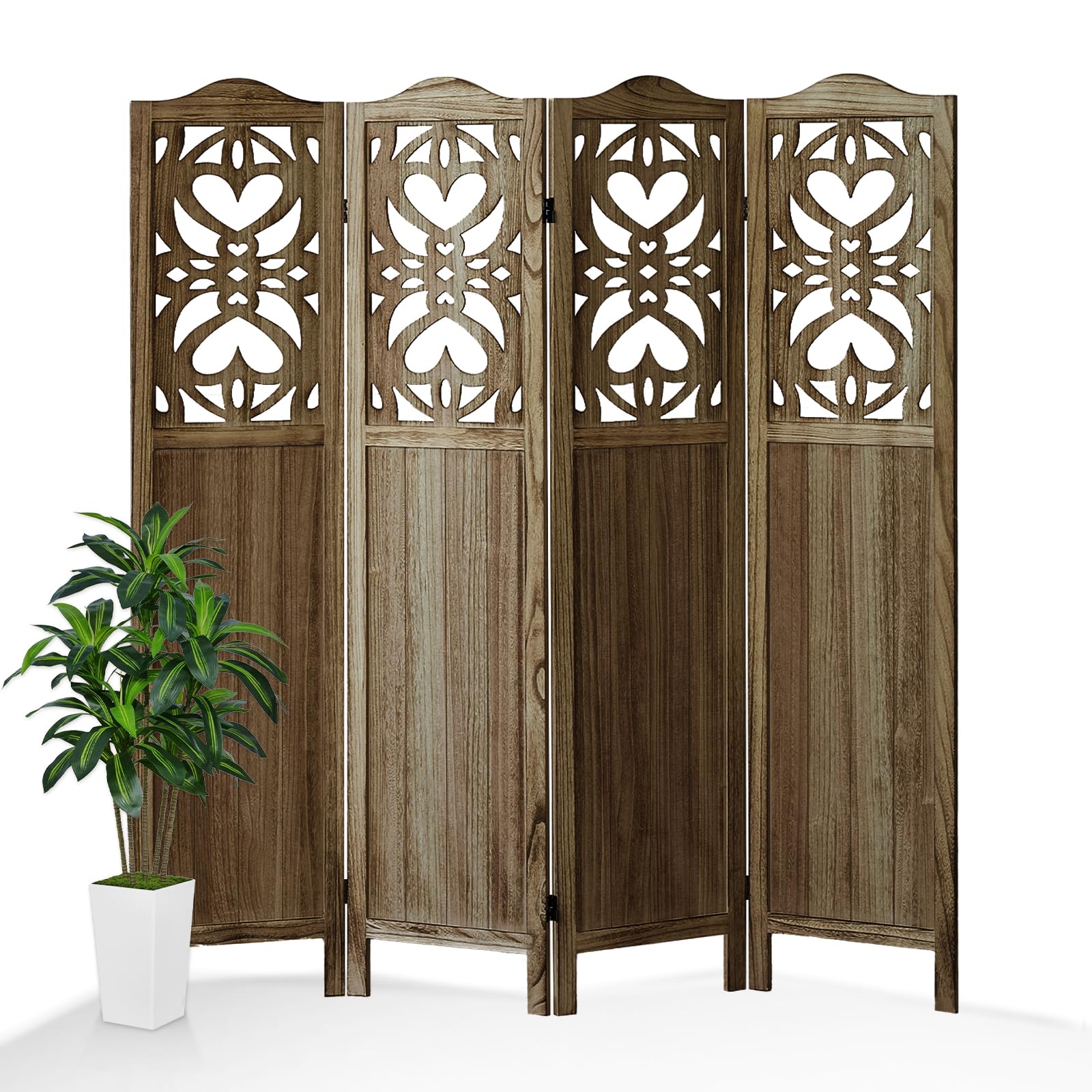 4 Panel Wood Room Divider - 5.6Ft Folding Privacy Screen with Carved Design | Freestanding Partition for Bedroom, Home Office & Living Room | Portable Space Divider in Brown Finish | Perfect for Room Separation, Privacy & Home Decor