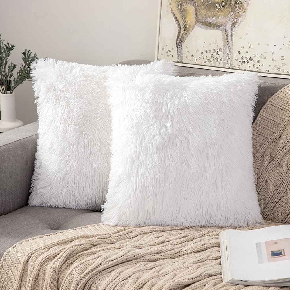 Luxury Faux Fur Throw Pillow Covers Set of 2 - 18x18 Inch Soft Fluffy Decorative Cushion Cases, Mongolian Merino Style for Bed, Couch, Sofa & Living Room - Perfect for Cozy Home Decor, Winter Warmth & Spring Refresh