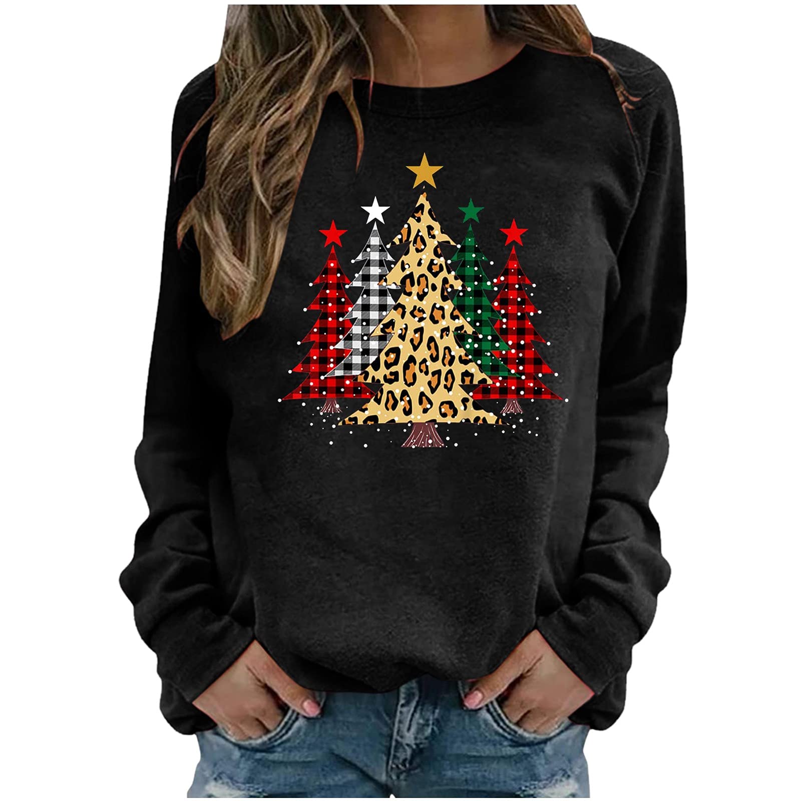 Women's Western Christmas Long Sleeve Shirt - Cute Santa Claus Printed Graphic Tee, Crew Neck Tunic Blouse for Holiday Parties & Family Gatherings