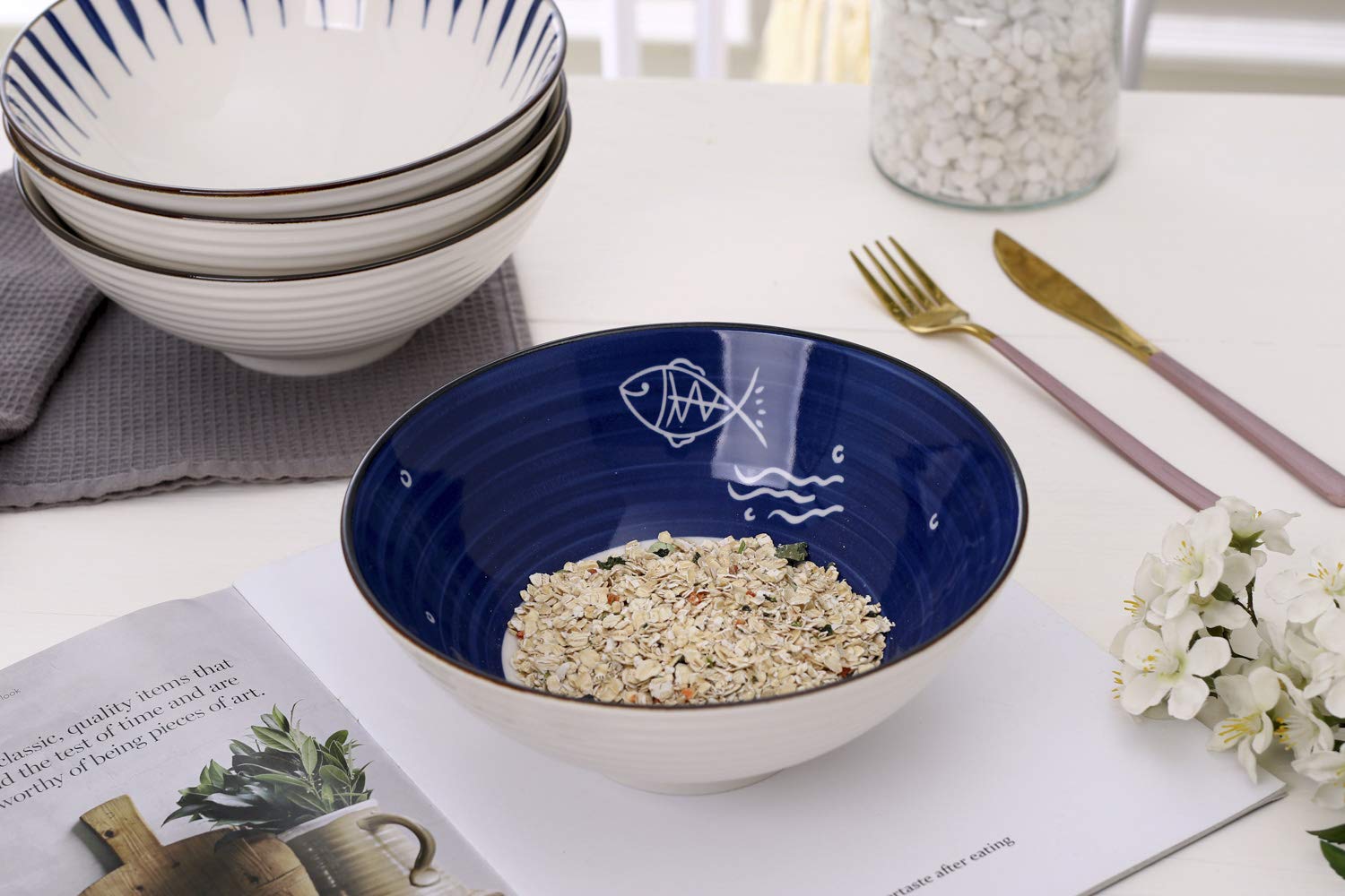 4-Piece Porcelain Bowl Set for Ramen, Pho & Salads - 8-inch, 35oz