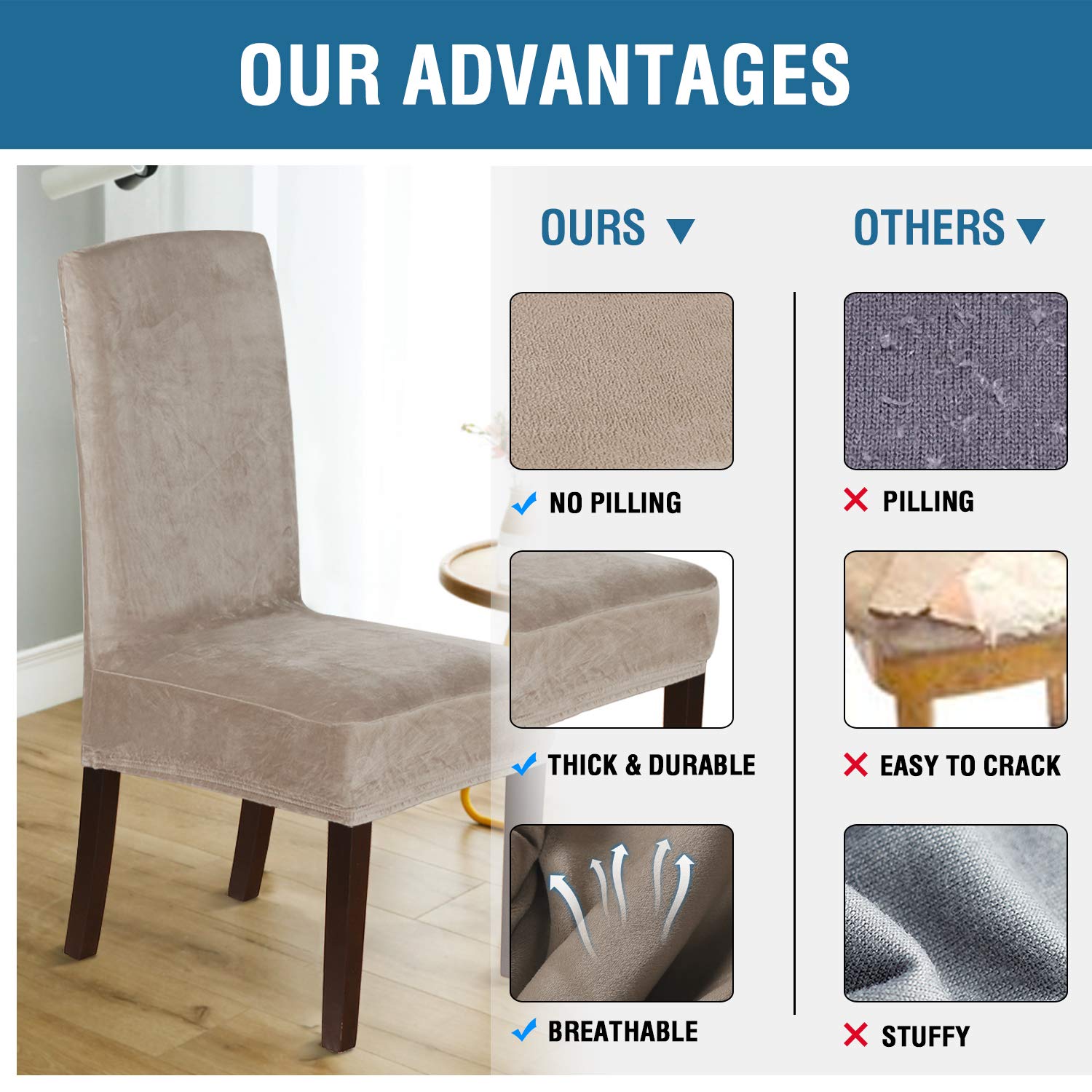 Stretchable Velvet Dining Chair Covers Set of 4 - Washable Parson Chair Slipcovers for Dining Room, Soft Thick Solid Fabric Protectors in Taupe | Perfect for Home Decor, Dinner Parties & Everyday Use
