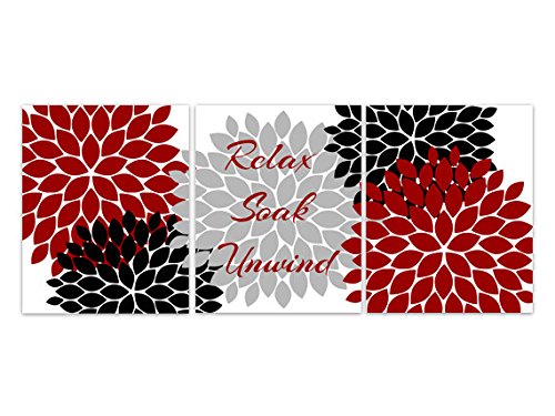 Modern Bathroom Art Prints Set of 3 - Red, Black & Gray Abstract Wall Decor for Spa, Relaxation & Home Decor | Perfect for Bathroom, Bedroom or Living Room