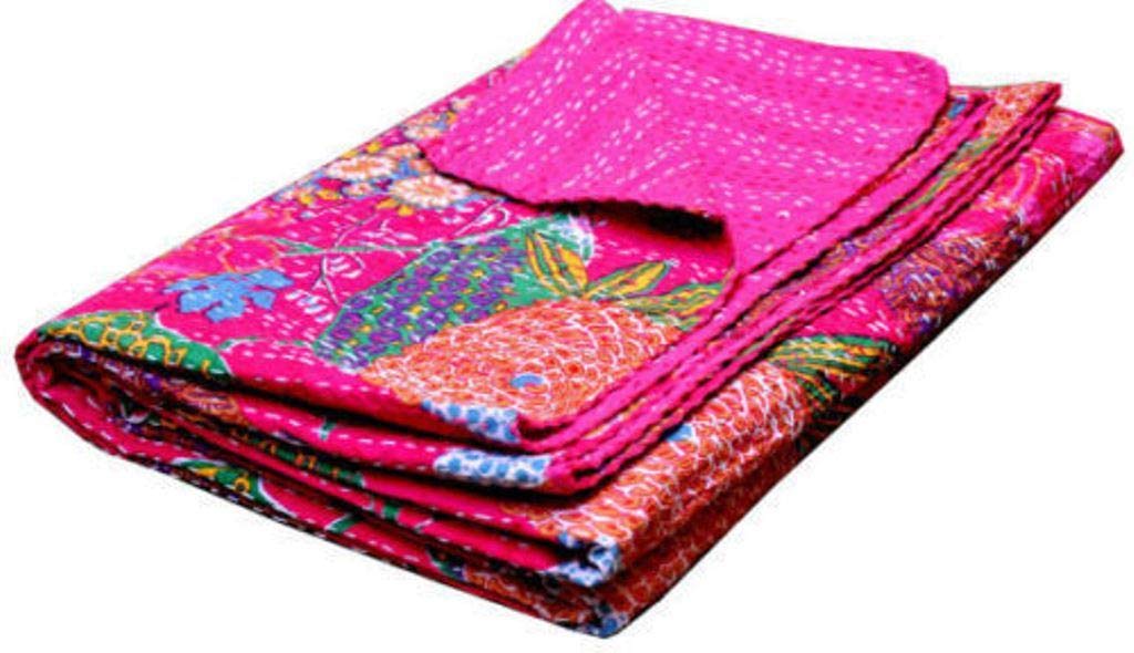 YUVANCRAFTS Kantha Fruit Screen Print Cotton Quilt - Indian Handmade Bedspread for Queen Size Bed in Pink | Perfect for Boho Bedroom Decor, Guest Room Cover, or Cozy Living Room Throw