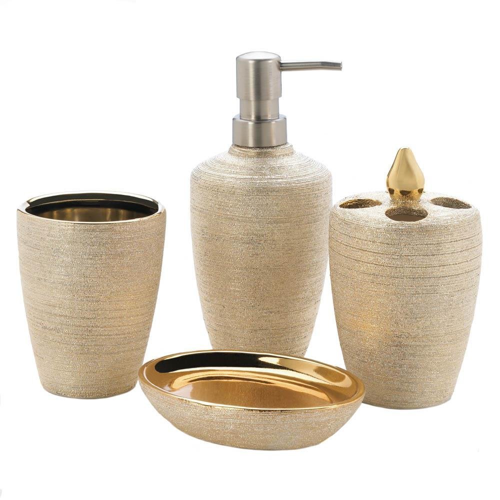 Luxury Golden Shimmer Bath Accessories Set for Women - 6-Piece Porcelain Bathroom Gift Set (Shower Caddy, Soap Dish, Toothbrush Holder) - Perfect for Spa Days, Bridal Showers & Home Decor