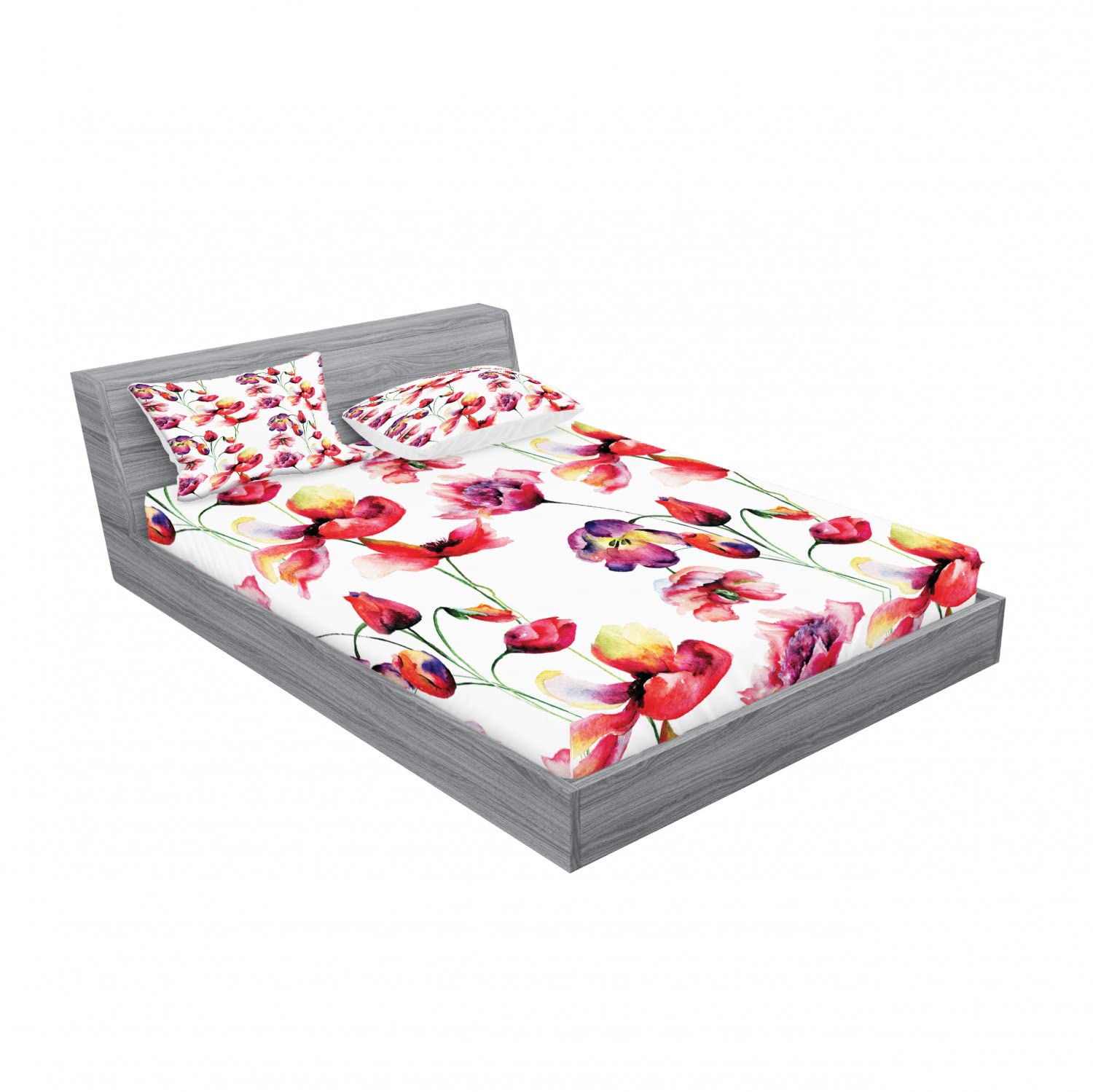 Ambesonne Floral 2-Pack Full Size Fitted Sheet Set with 4 Pillow Shams - Blooming Tulip Poppy Pattern, Red & White Cotton Bedding for Master Bedroom, Guest Room & Dorm Decor