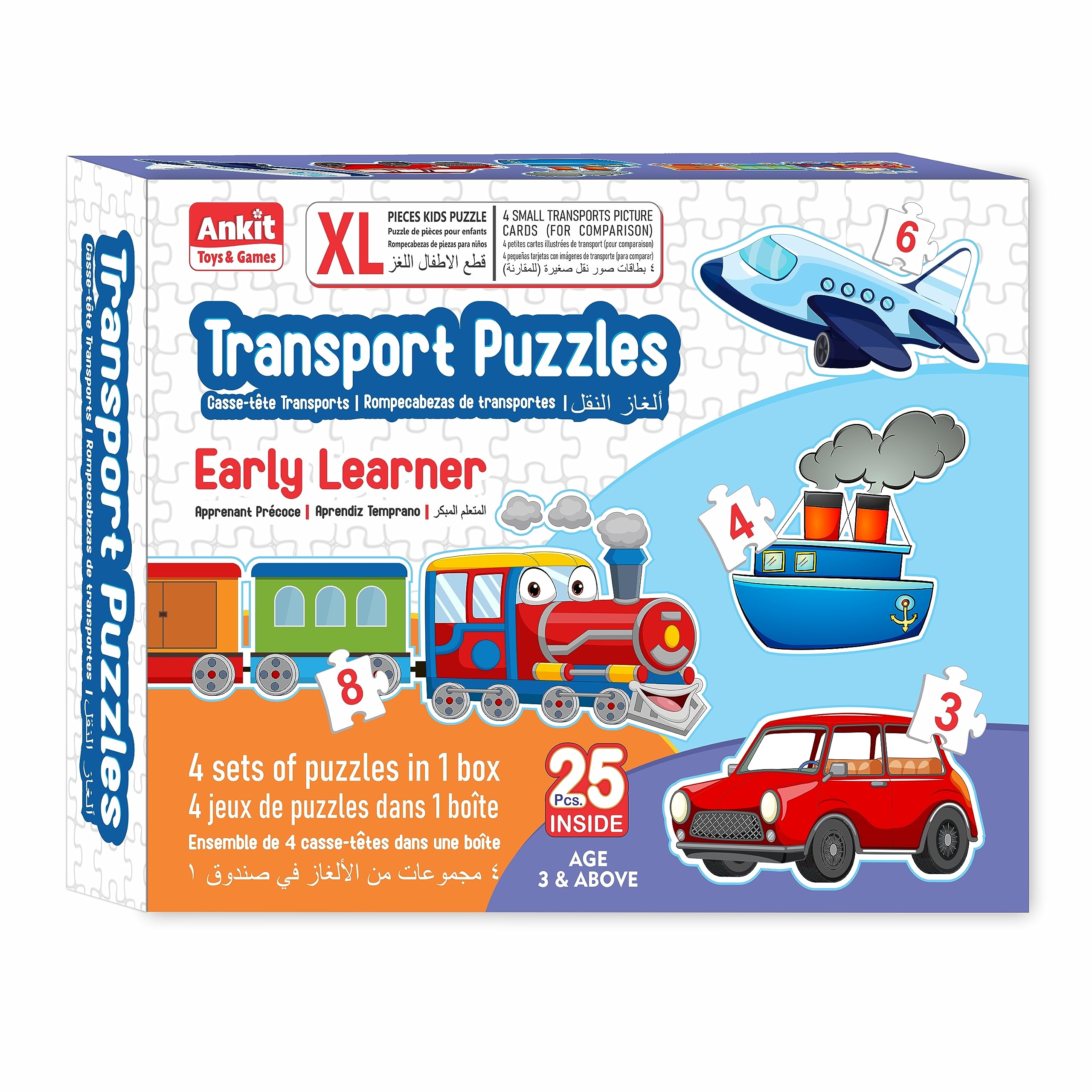 Ankit Toys & Games 25-Piece Kids Jigsaw Puzzle Set - 4 Colorful Vehicle Puzzles (Train, Plane, Boat, Car) for Early Learning & Fun | Perfect for Ages 3+ | Great for Preschool Education, Birthday Gifts & Family Game Night