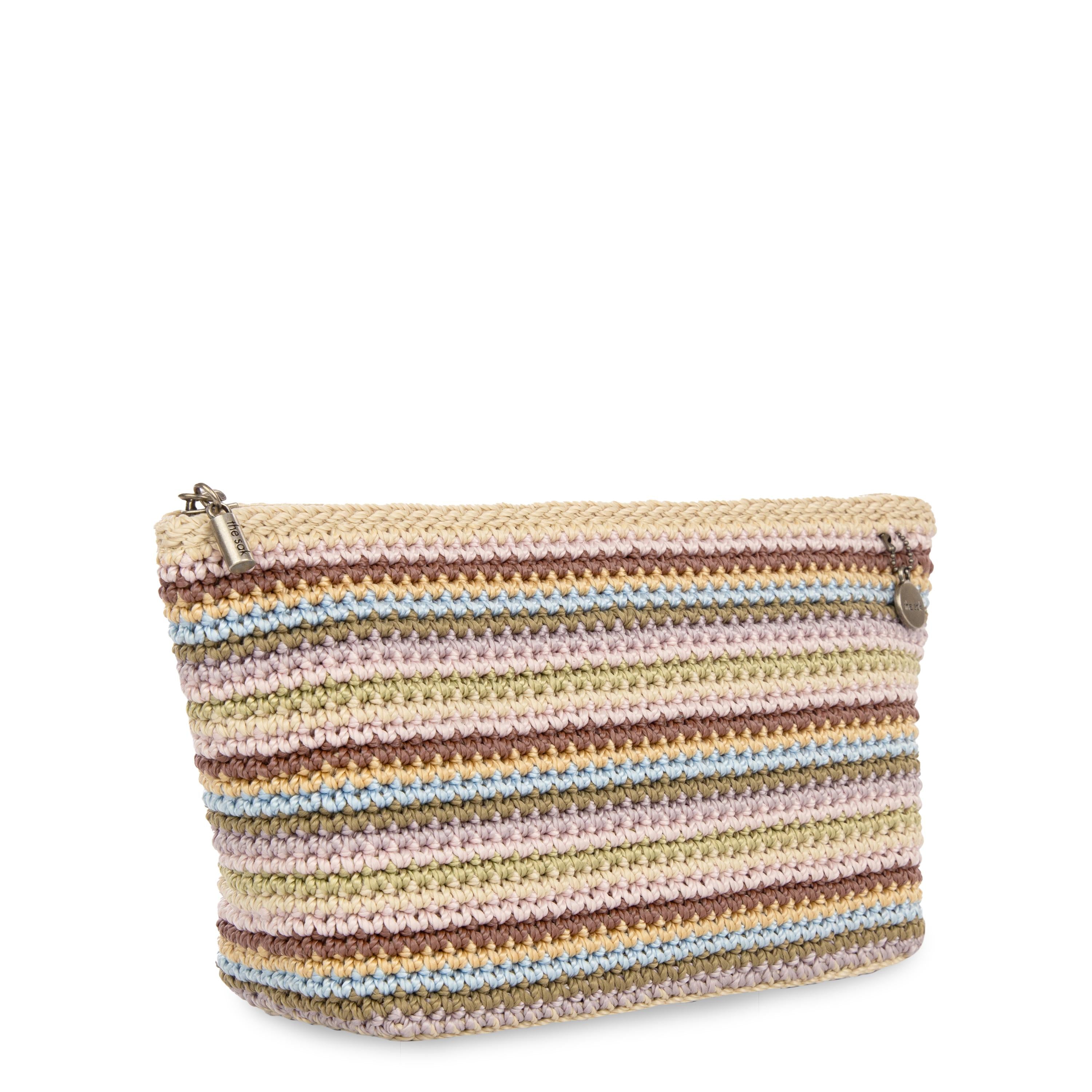 Hand Crocheted Essential Pouch - Pink Multi Stripe Design for Women | Perfect for Travel, Makeup & Daily Essentials Organization