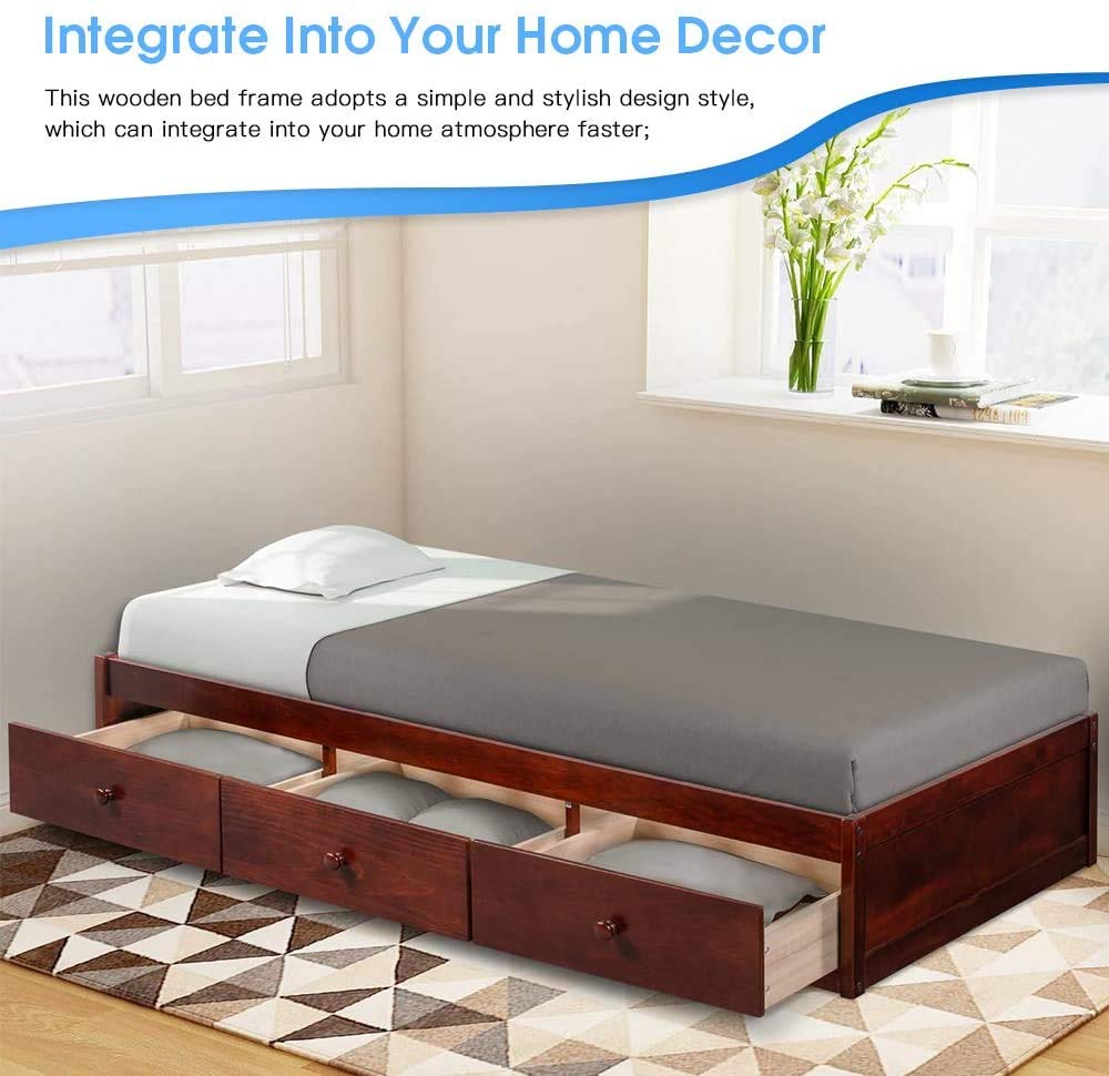 MERAX Twin Size Wood Platform Bed with 3 Storage Drawers & Wood Slat Support - No Box Spring Needed - Space-Saving Bedroom Furniture for Small Rooms & Apartments