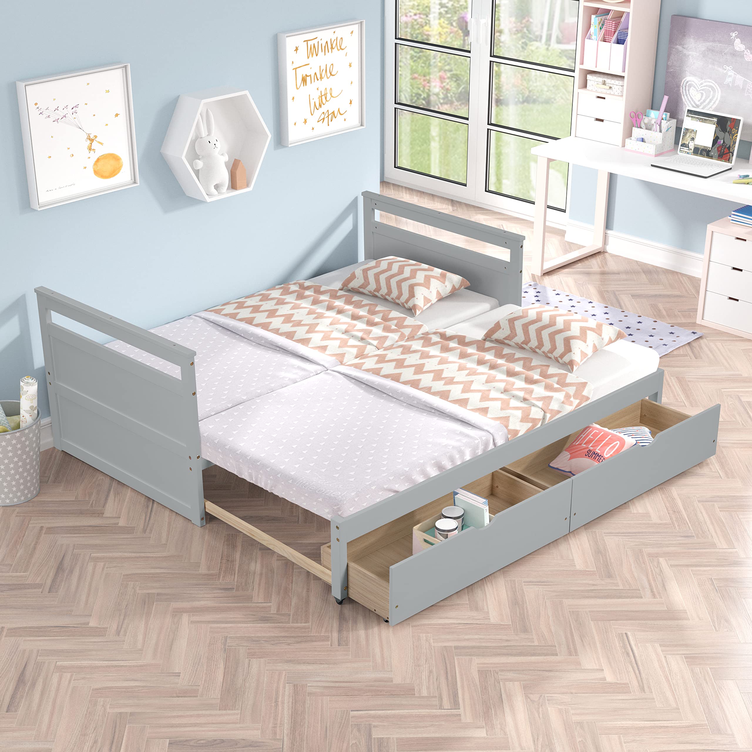 Rophefx Twin to King Daybed with Trundle - Solid Wood Extendable Bed Frame with 2 Storage Drawers, Grey - Perfect for Guest Rooms, Small Spaces & Multi-Functional Furniture Needs