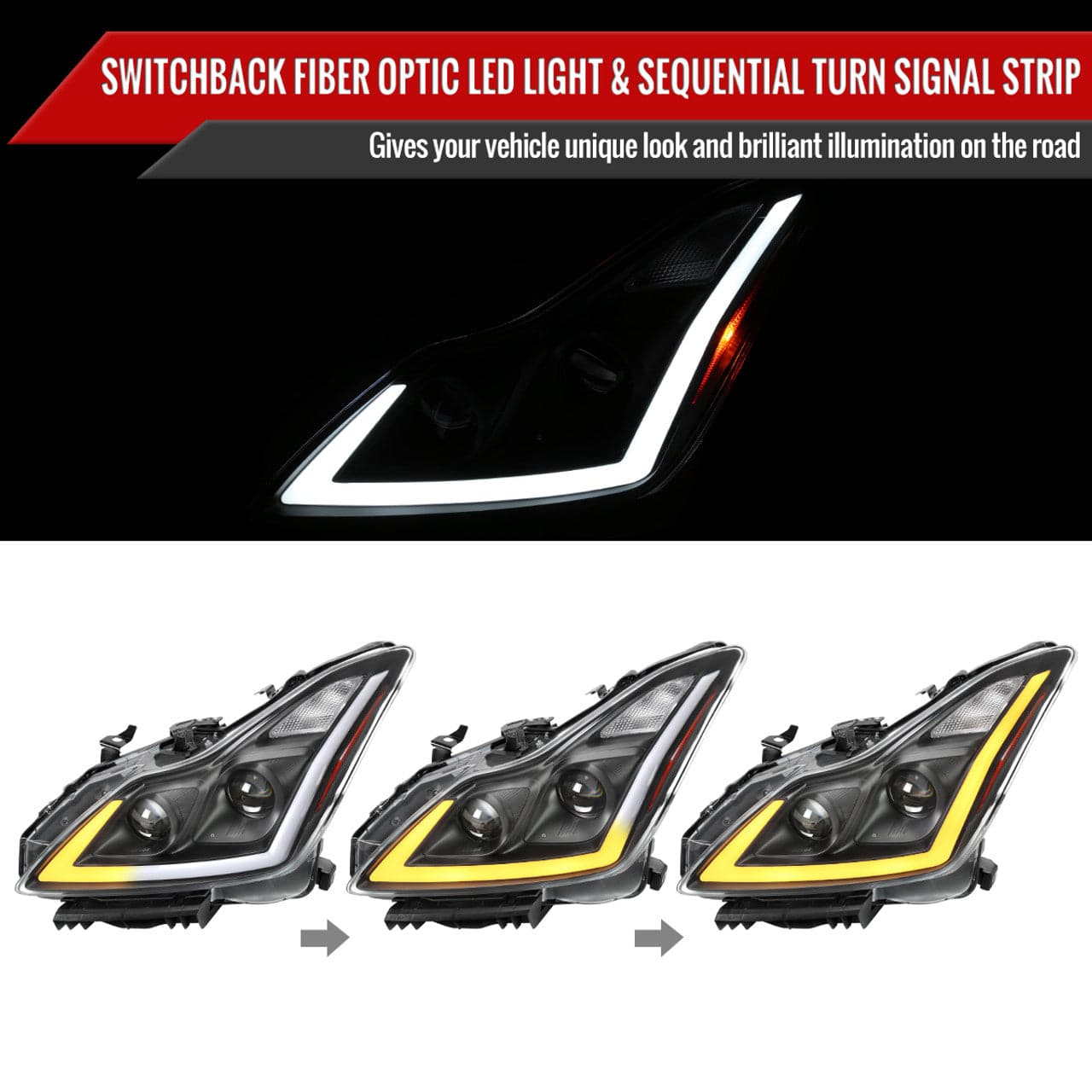 2008-2013 Infiniti G37 / 2014-2015 Q60 Coupe & Convertible LED Headlight Set with Sequential Switchback Turn Signal & Projector - Matte Black Housing & Clear Lens - Upgrade for Night Driving & Enhanced Visibility