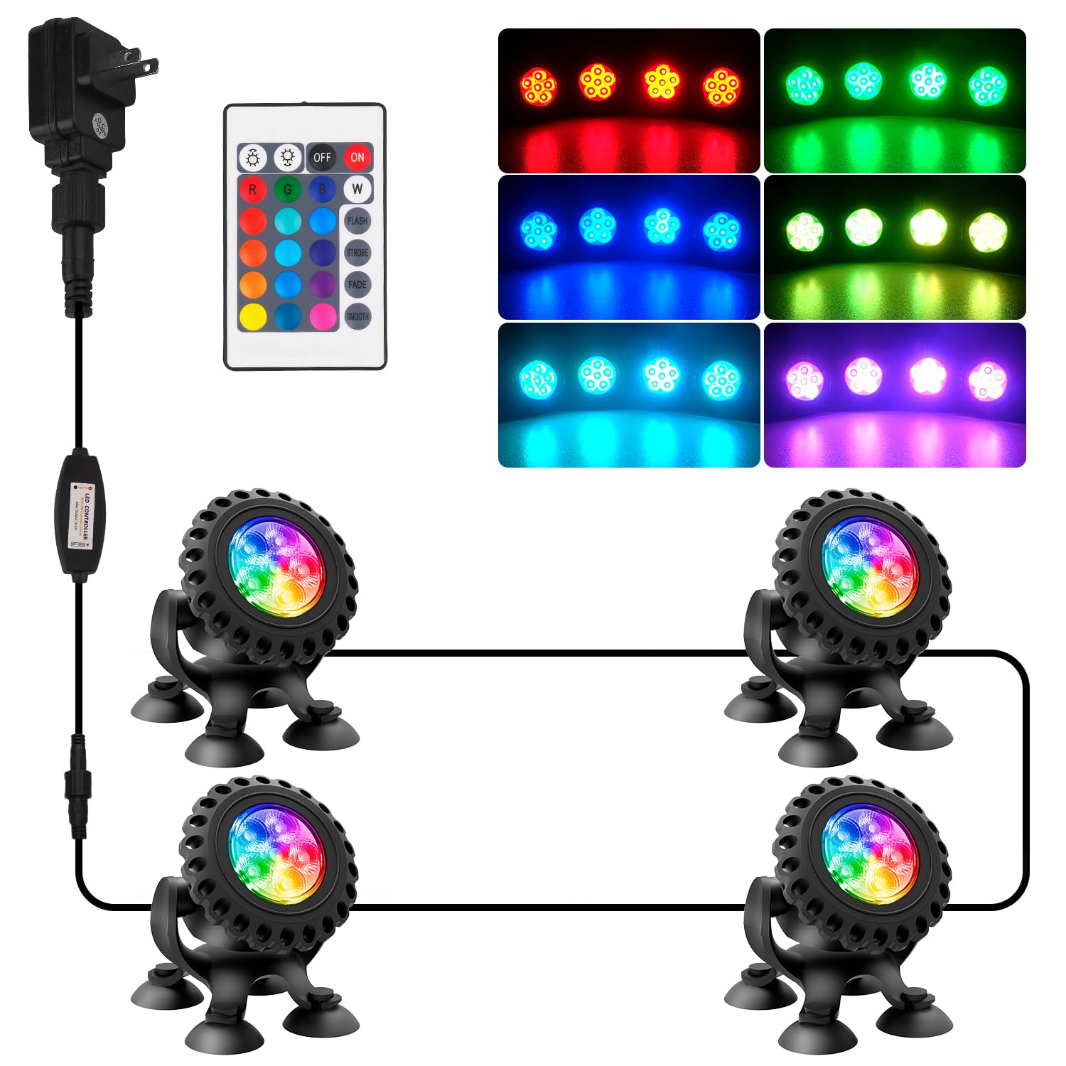 RGB Submersible Pond Lights with Remote Control - Waterproof Underwater Fountain Lights for Aquarium, Fish Tank, Waterfall - Color Changing LED Spotlights (4 Pack) - Perfect for Garden Ponds, Swimming Pools & Outdoor Decor