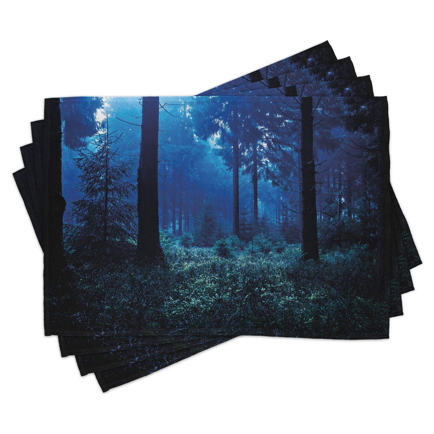 Ambesonne Set of 4 Washable Fabric Placemats - Misty Autumn Forest in Thuringia Germany, Blue Green White Nature Design for Dining Table & Kitchen Decor | Perfect for Fall Dinner Parties, Holiday Gatherings & Cozy Family Meals
