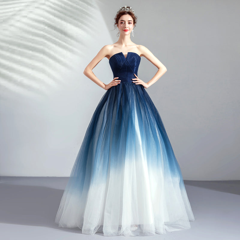 Blue Gradient A-Line Skirt Strapless Light Yarn Romantic Evening Dress for Women | Elegant Party Gown for Prom, Cocktail, Wedding Guest & Special Occasions