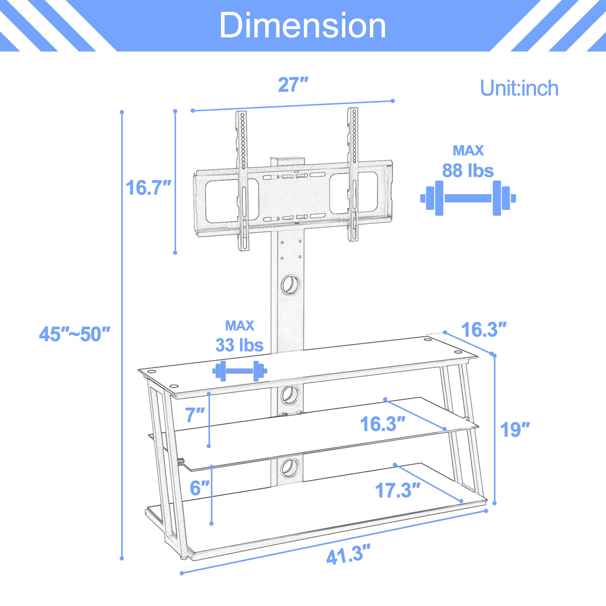 Adjustable Height TV Stand with Mount for 32-65 Inch TVs - Universal Floor Media Stand with 3-Tier Tempered Glass Shelves for Plasma, LCD, LED & Curved Screens by IANIYA - Perfect for Living Room, Bedroom or Home Theater Setup