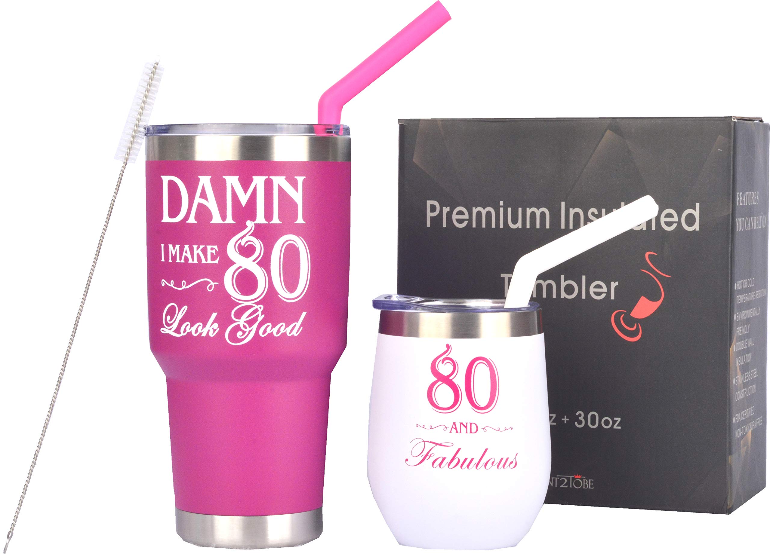 MEANT2TOBE 80th Birthday Gifts for Women - 80 and Fabulous Tumbler Set with Lid & Straw | Insulated Stainless Steel Cup for Mom, Sister, Her | Perfect 80th Birthday Present Idea for Coffee, Tea & Cold Drinks at Home, Office or Travel