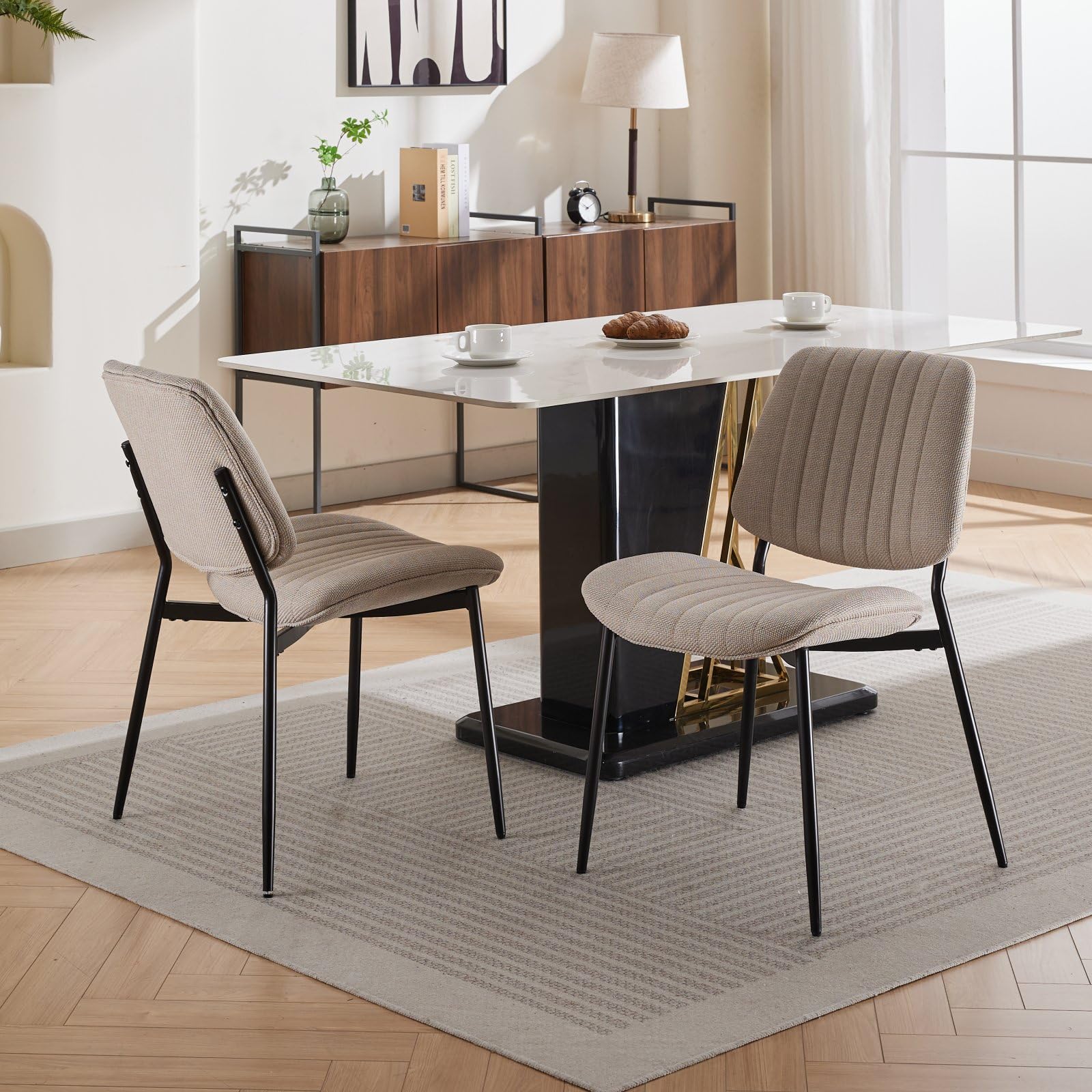 Mid-Century Modern Dining Chairs Set of 2 - Upholstered Retro Linen Chairs with Walnut Bentwood Back & Metal Legs, Adjustable Feet for Kitchen, Dining Room - Beige Vertical Stripes (Perfect for Small Spaces & Contemporary Home Decor)
