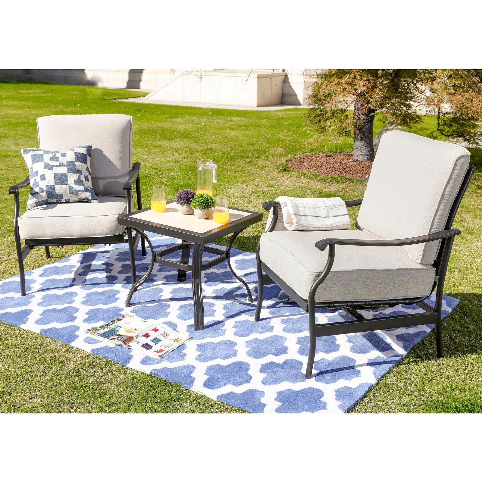 3-Piece Outdoor Patio Armchair Set with Square Metal Table & Thick Cushions - Beige Garden Bistro Furniture for Backyard, Deck, Poolside or Balcony Relaxation