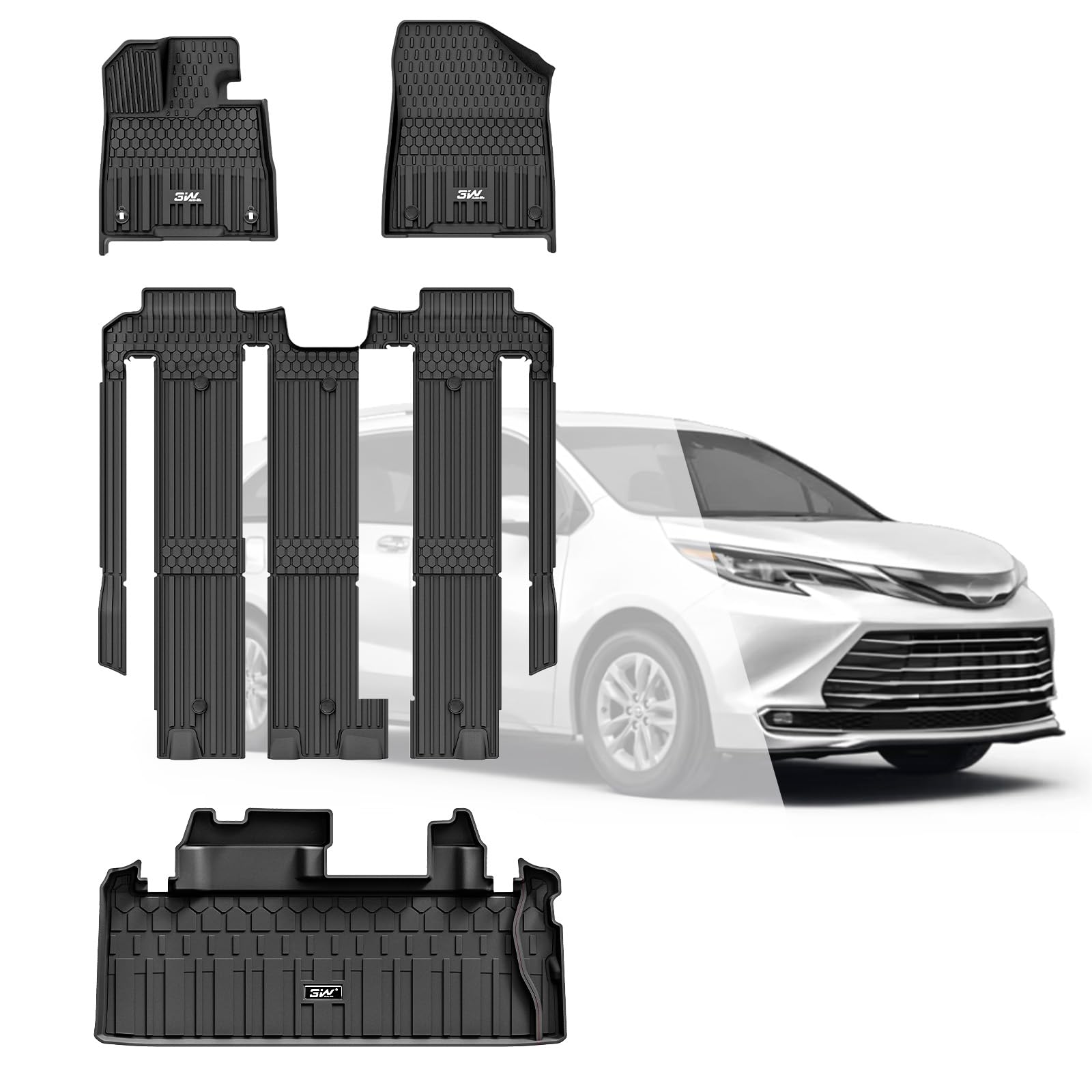 Premium TPE All-Weather Floor Mats & Cargo Liner for Toyota Sienna 2021-2025 (7-Seater Models, Excludes Platinum Edition) - Custom Fit 1st/2nd/3rd Row & Trunk Protection - Durable Black Car Mats for Family Road Trips & Daily Commutes