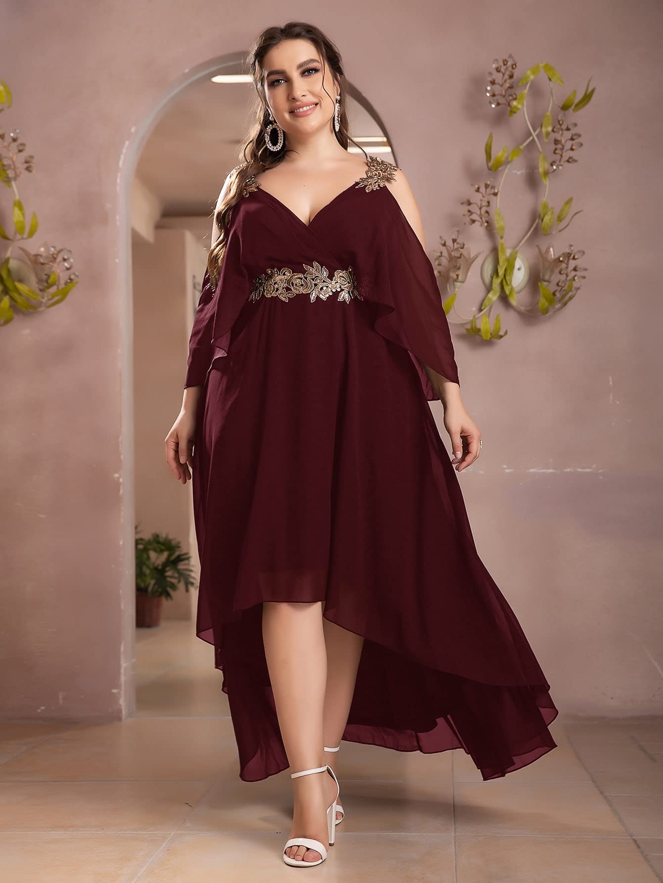 Plus Size Sequin Applique Cold Shoulder High Low Chiffon Prom Dress - Burgundy 1XL | Elegant Summer Evening Gown for Women, Perfect for Parties, Weddings & Special Occasions