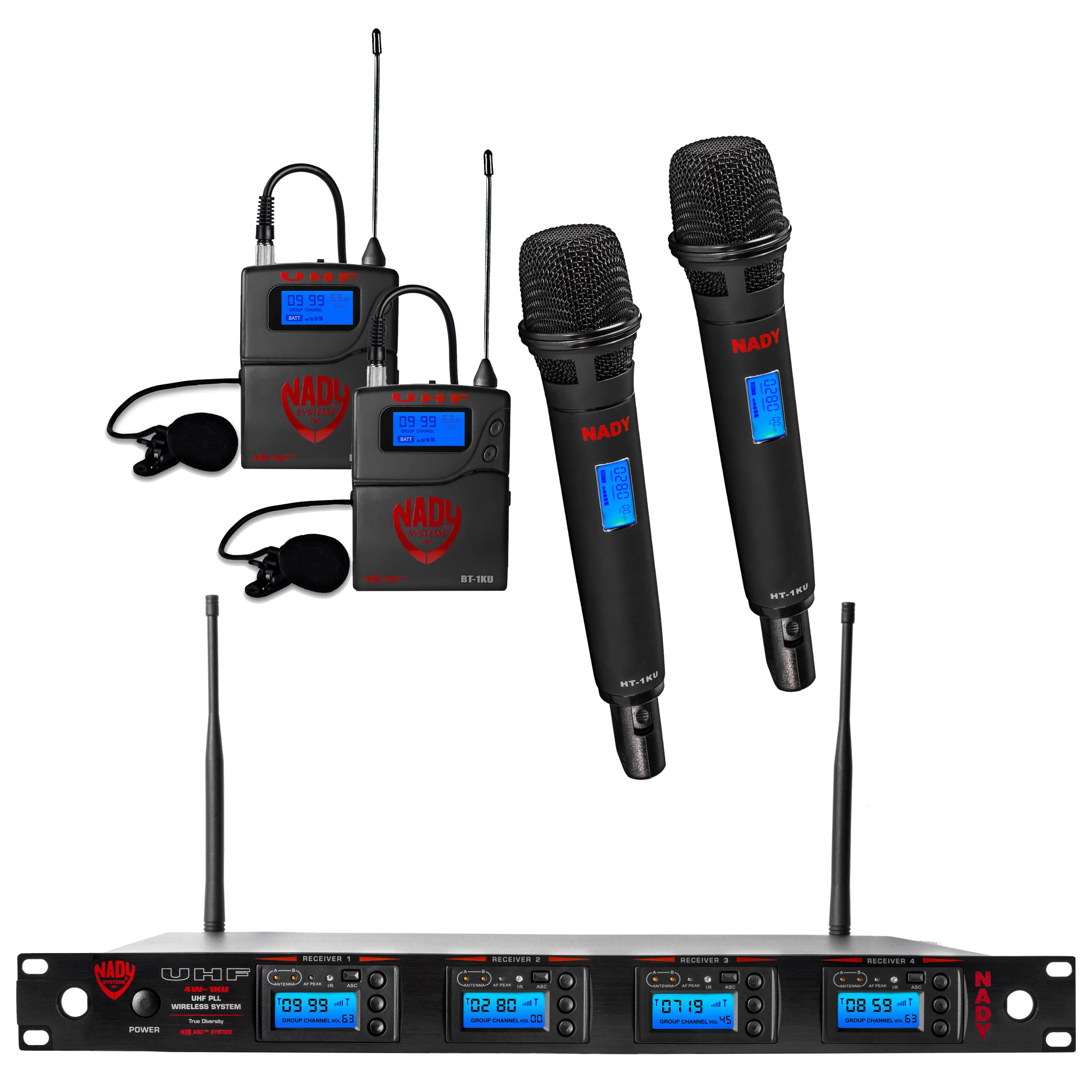 Nady 4W-1KU HT-LT Professional UHF Wireless System - 1000-Channel Quad True Diversity with 2 Handheld & 2 Lapel Mics - Auto Scan & Transmitter Pairing - All Metal Construction - Perfect for Live Performances, Conferences & Events