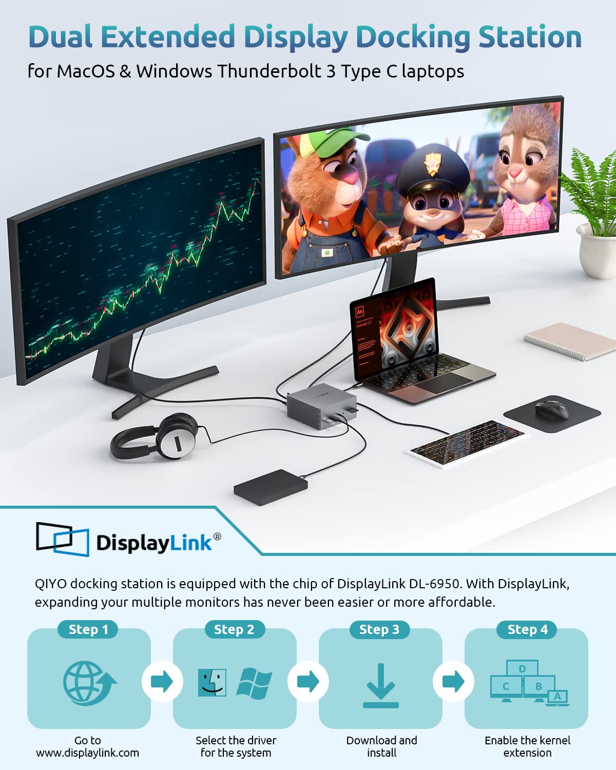 QIYO USB C Docking Station Dual Monitor - 6-in-1 Hub with 4K HDMI, 2 DisplayPorts, 100W PD Charging for MacBook Pro/Air & Windows Laptops - Perfect for Home Office, Gaming & Multi-Task Workspaces