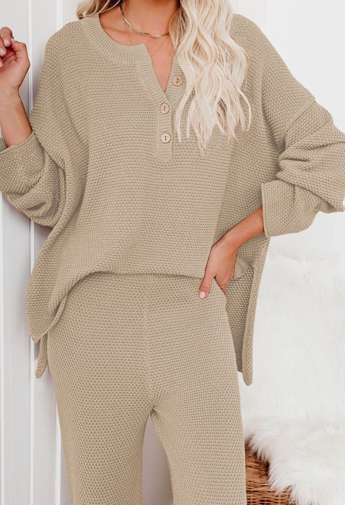 Women's 2-Piece Sweatsuit Set - Soft V-Neck Waffle Knit Sweater & Wide Leg Lounge Pants - Cozy Matching Outfit for Home, Yoga, and Casual Wear