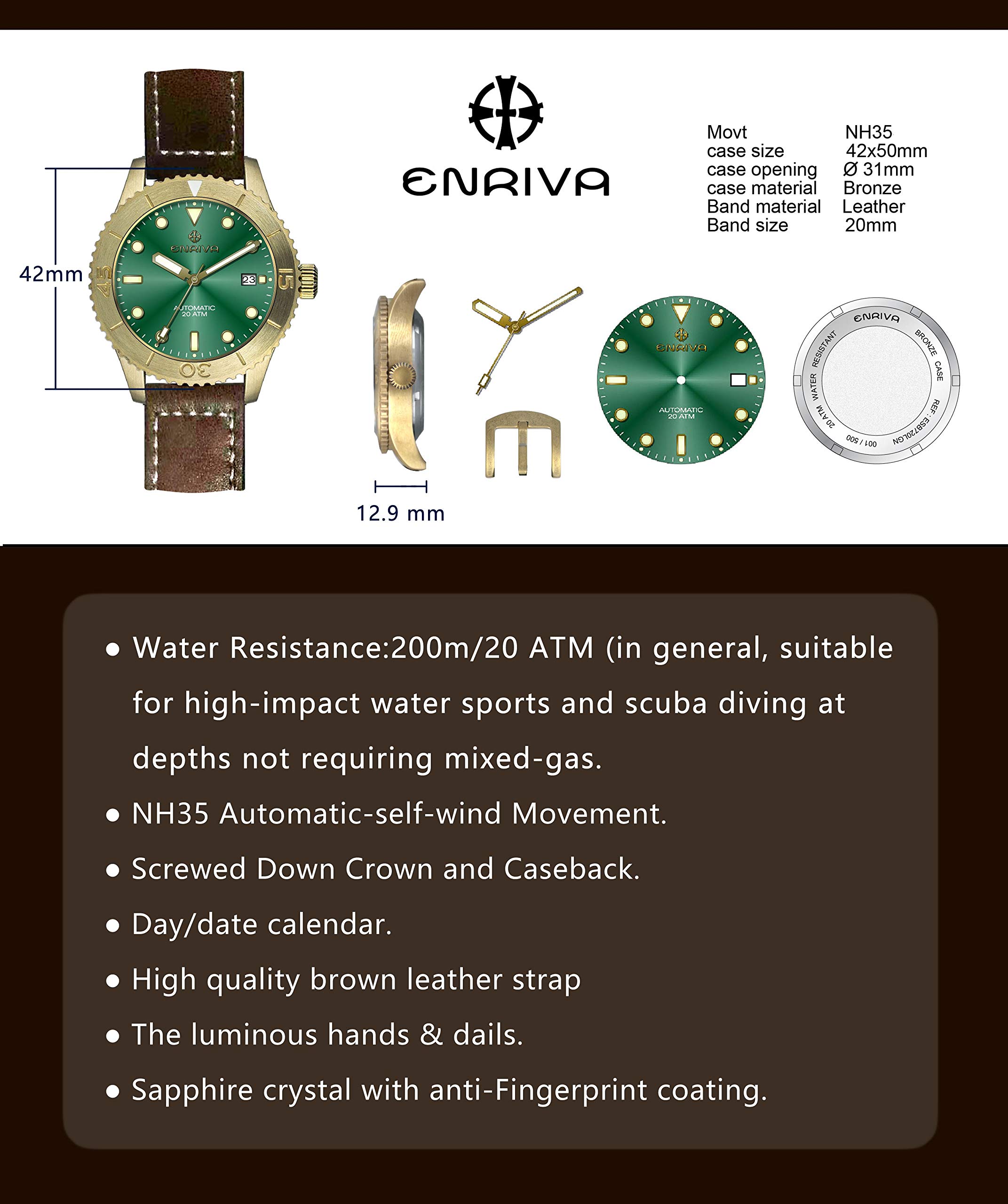 ENRIVA Men's 200m Water Resistant Bronze Automatic Military Dive Watch with Japanese NH35 Movement, Super Luminous, Leather Strap - Perfect for Scuba Diving, Outdoor Adventures & Everyday Wear