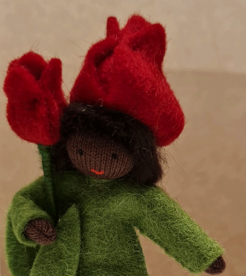 Handmade Dark Skin Red Tulip Waldorf Doll - Natural Fiber Eco-Friendly Toy for Imaginative Play, Waldorf Education & Gift Giving