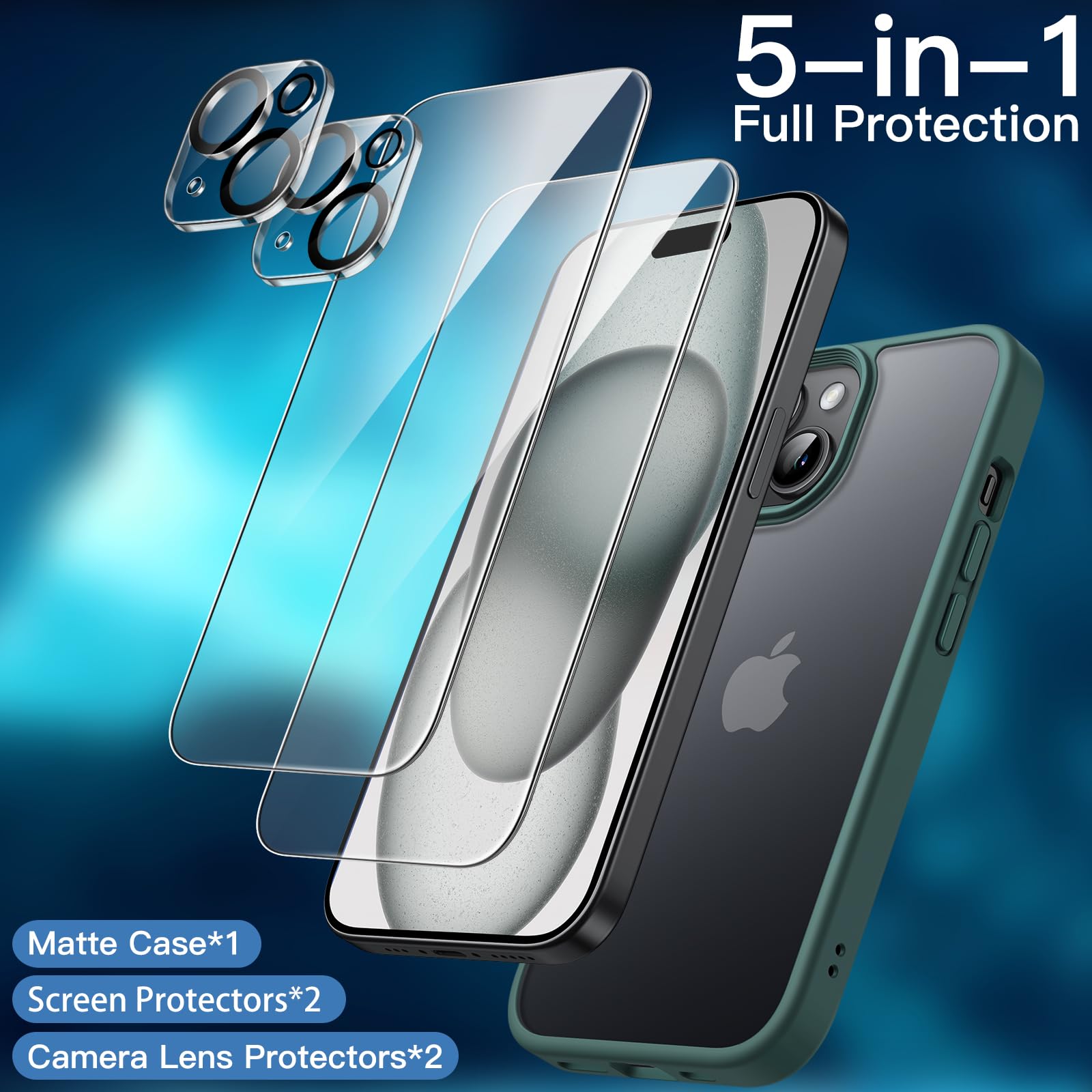 JETech 5 in 1 Matte Case for iPhone 15 Plus 6.7-Inch | 2-Pack Tempered Glass Screen Protector & Camera Lens Protector | Shockproof Translucent Back Cover (Dark Green) | Perfect for Daily Use, Travel & Outdoor Protection