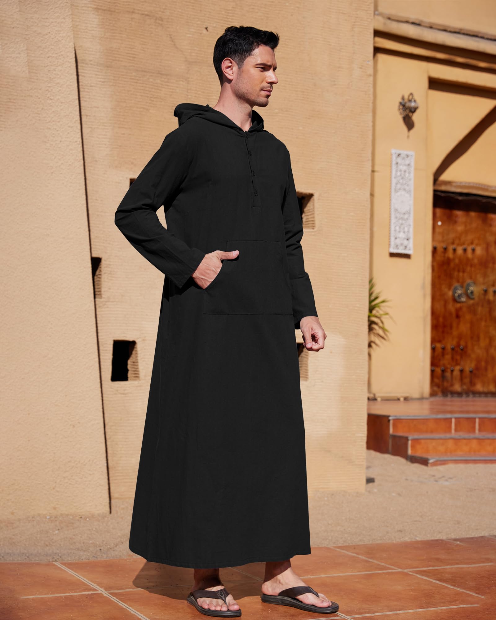 YAOHUOLE Men's Long Sleeve Kaftan - Big & Tall Muslim Thobe with Hood - Loose Fit Islamic Robe for Prayer & Daily Wear - Perfect for Eid, Ramadan & Home Relaxation