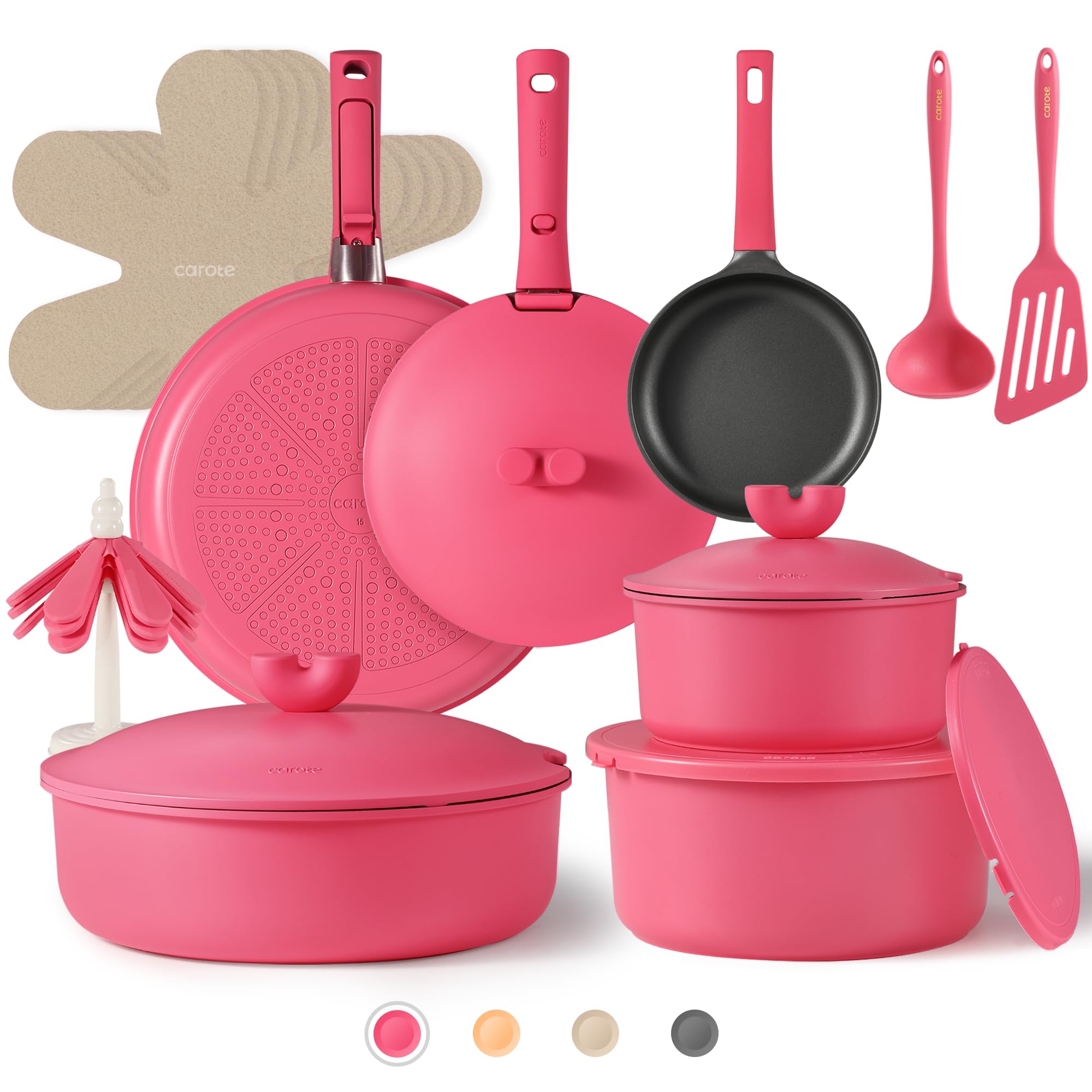 CAROTE 24-Piece Nonstick Pots and Pans Set - Oven, Dishwasher & Fridge Safe - Induction Compatible Cookware with Detachable Handles - Perfect for RV, Kitchen & Gifting (Pink) | Ideal for Home Cooking, Camping & Small Spaces
