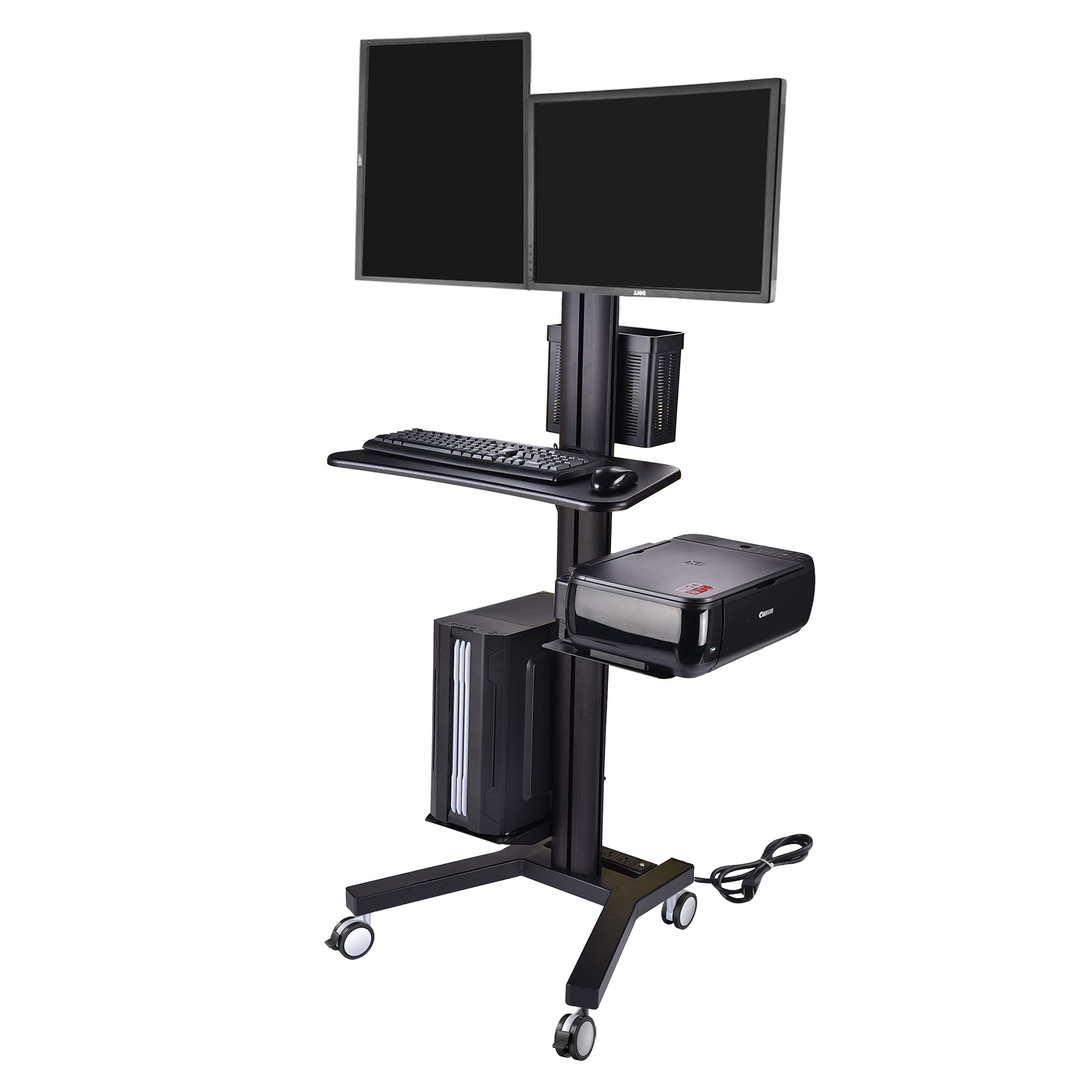 AW Rolling PC Cart - Mobile Computer Standing Workstation with Adjustable Dual Monitor Mount, Keyboard Tray & CPU Holder - Black | Perfect for Office, Home Office & Studio Workspaces