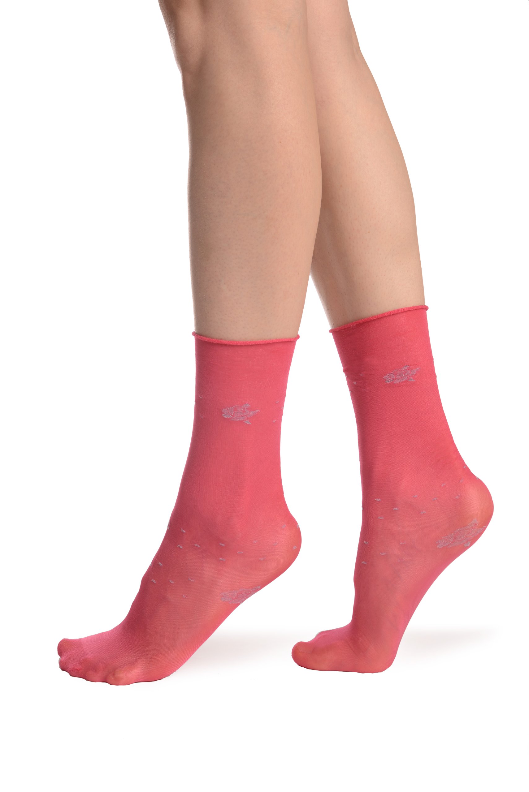 LissKiss Women's Melon Pink Rose Print Roll Down Ankle Socks - Cute & Comfortable for Casual Wear, Workout, and Everyday Fashion