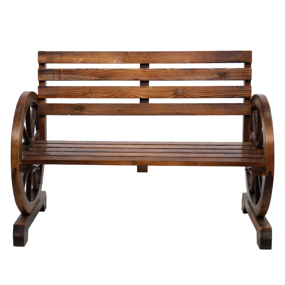 Rustic 2-Person Wooden Wagon Wheel Bench with Slatted Seat & Backrest - Classic Outdoor Garden Bench for Patio, Porch or Backyard - Durable Brown Wooden Furniture for Relaxing & Decorating