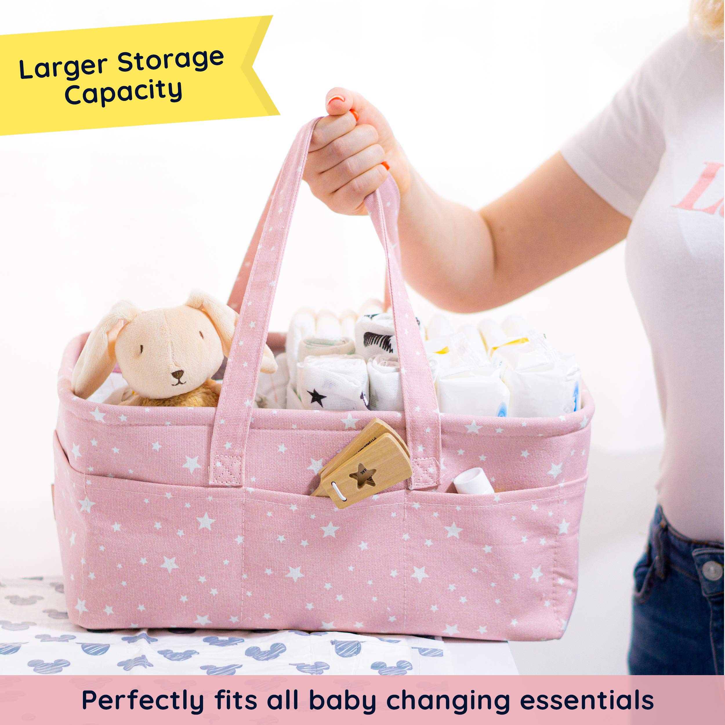 Baby Diaper Caddy Organizer - Large Nursery Storage Bin for Changing Table, Travel Tote Bag & Baby Shower Gift | Newborn Essentials with Bonus Bottle Cooler | Perfect for Nursery, Car Trips & Registry (Pink)
