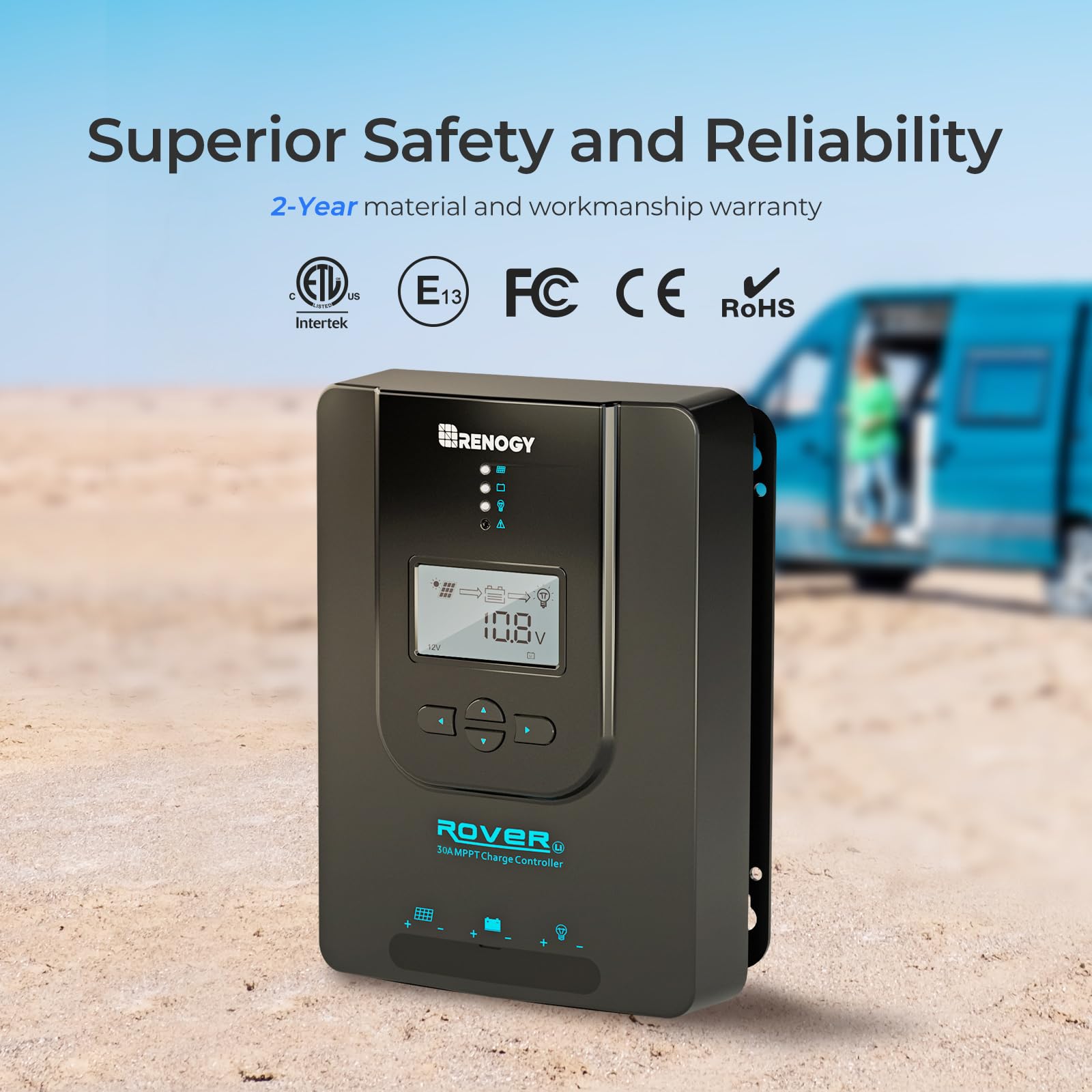 Renogy Rover 30A MPPT Solar Charge Controller with LCD Display - 12V/24V Battery Regulator for RV, Marine, Off-Grid Solar Power Systems