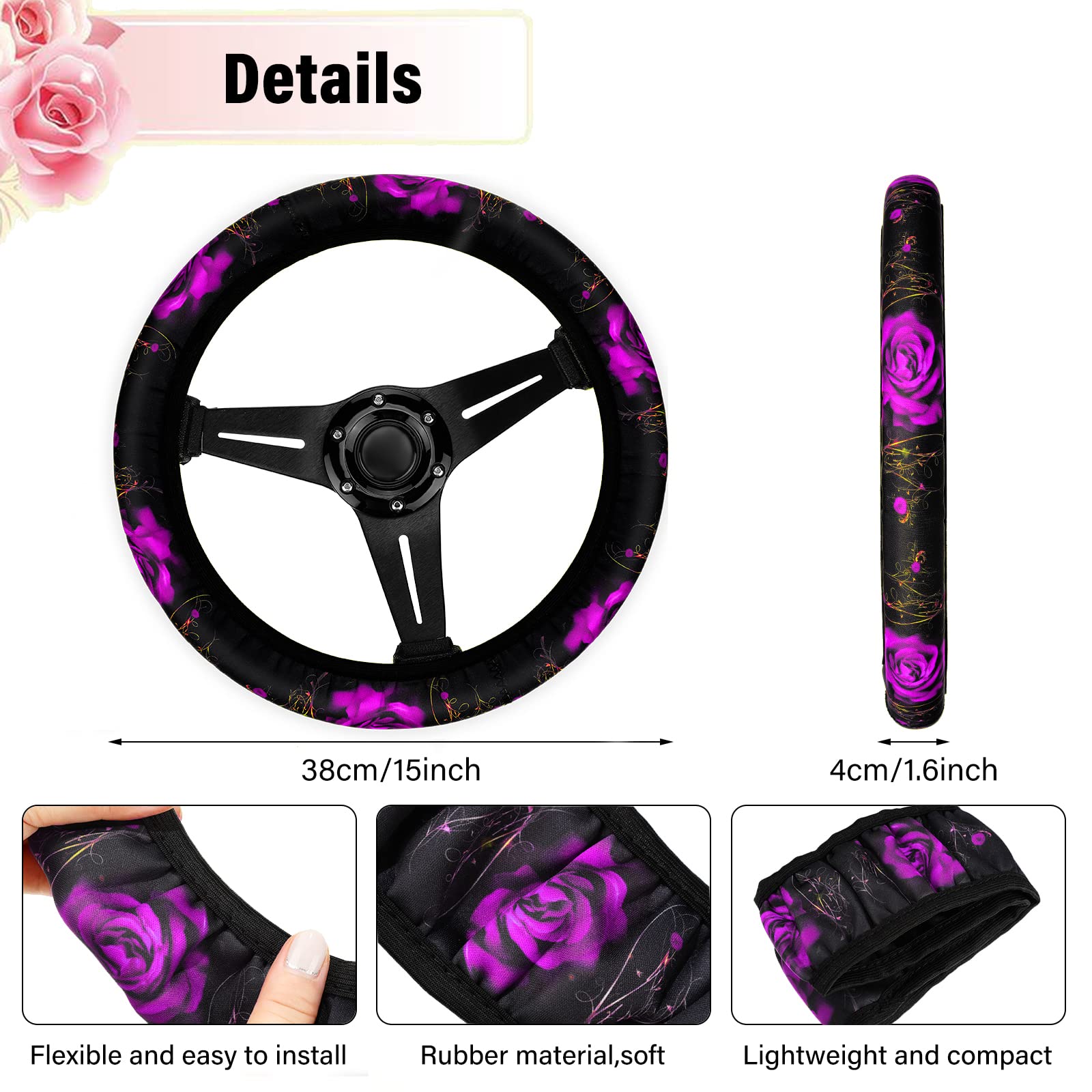15-Piece Rose Flower Car Seat Cover Set for Women - Universal Fit with Steering Wheel, Armrest & Seatbelt Covers - Front & Rear Backrest Protectors - Soft Polyester Fabric (Purple) - Perfect for Daily Commute, Road Trips & Car Interior Decoration