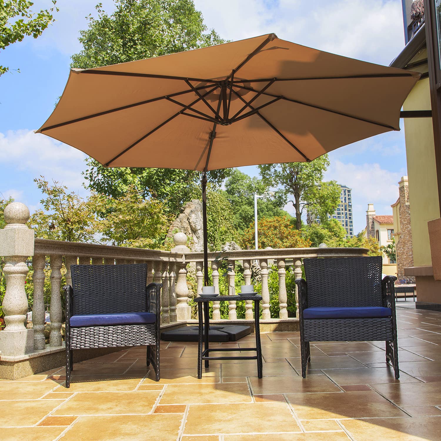 3-Piece Rattan Wicker Bistro Set for Outdoor Patio - Black/Gray & Navy, Weather-Resistant Conversation Seating for Garden, Balcony or Poolside Relaxation