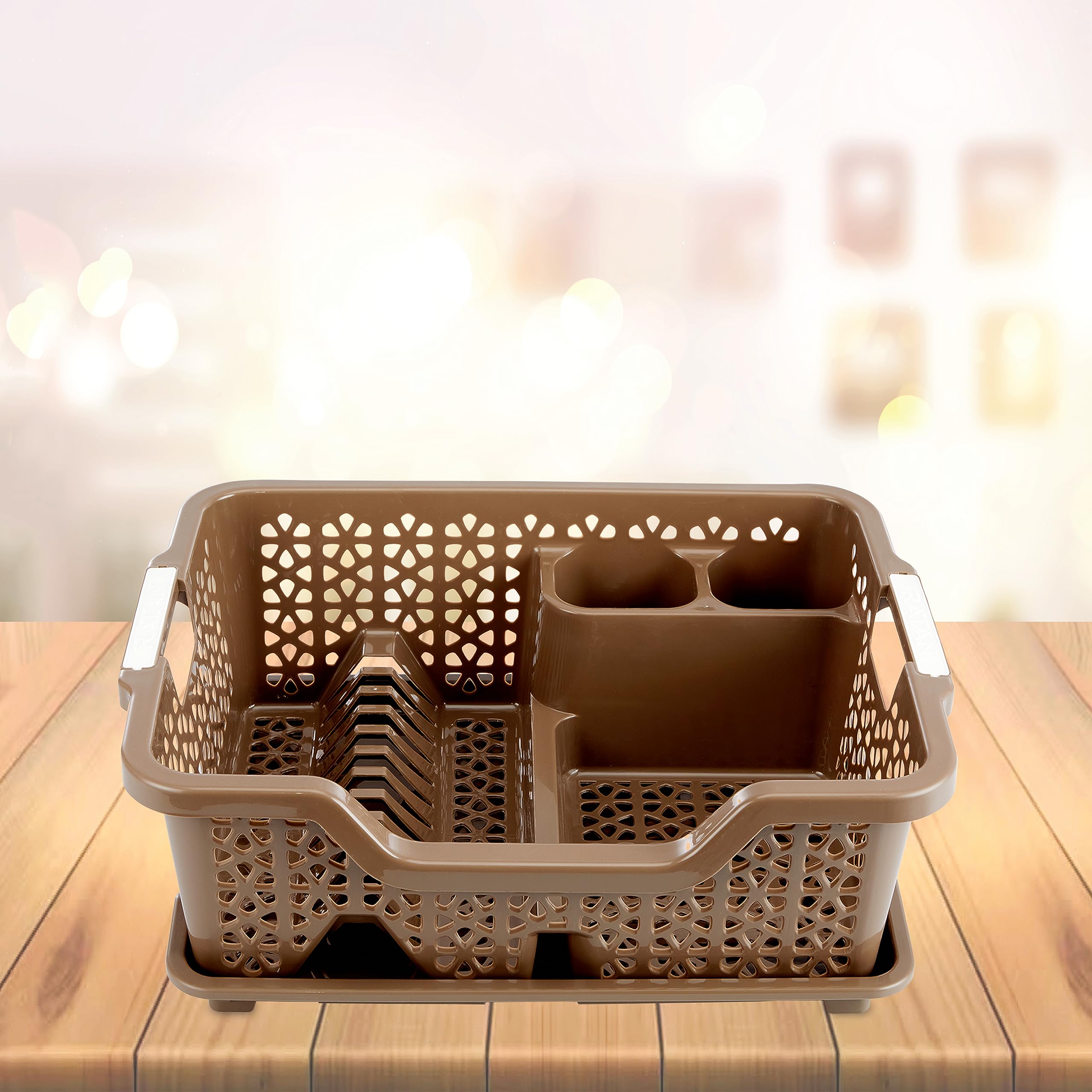 KOLORR Florina Extra Large Dish Rack with Drainer Tray - 22 x 16 Inches Jumbo Kitchen Sink Organizer | Brown Countertop Drying Rack for Utensils, Plates & Cups | Perfect for Small Kitchens & Apartments
