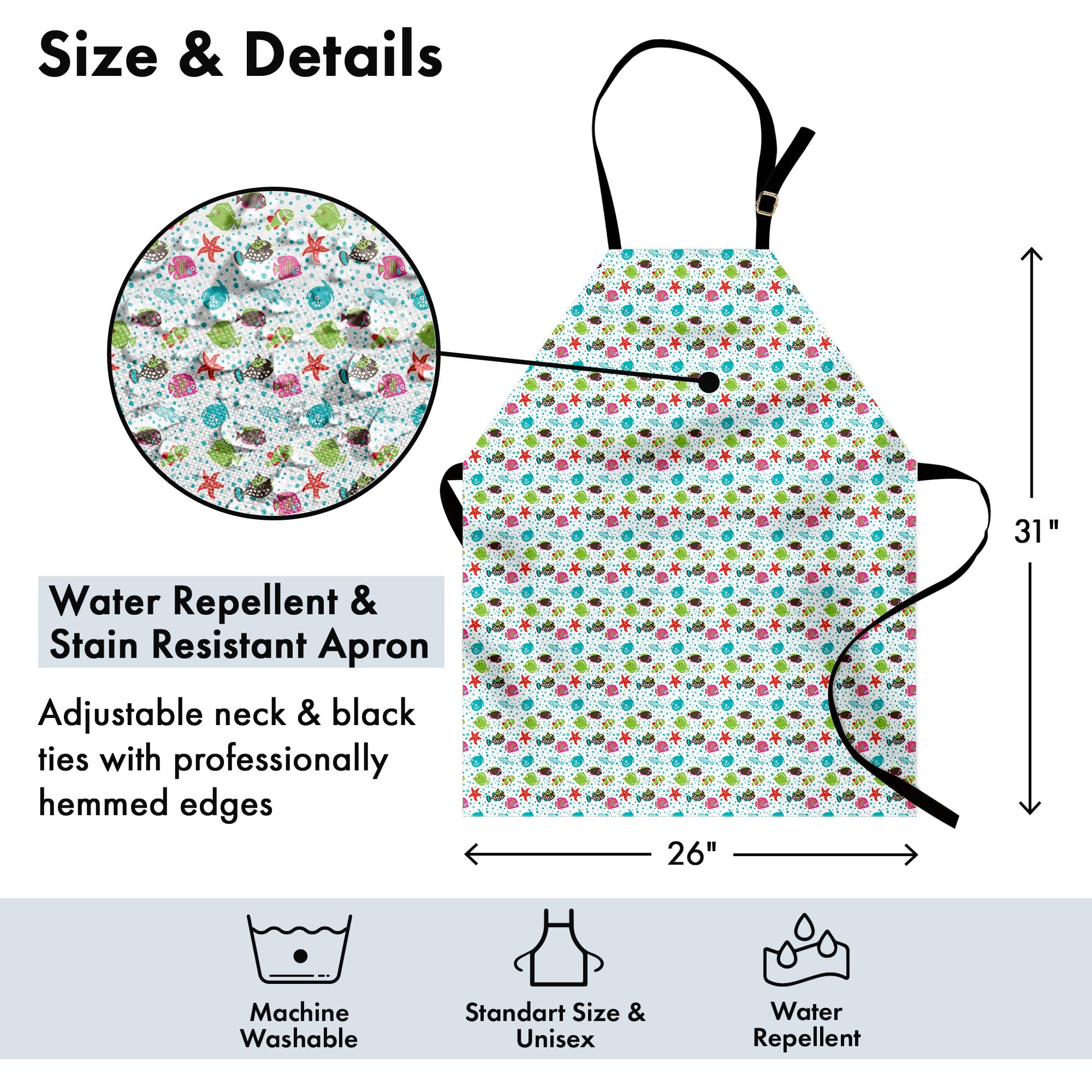 Ambesonne Underwater Themed Apron - Doodle Fish, Starfish, Anemone & Butterflyfish Design - Adjustable Unisex Kitchen Bib for Cooking, Baking, BBQ & Gardening - Waterproof Adult Size Apron for Home Chefs & Outdoor Enthusiasts
