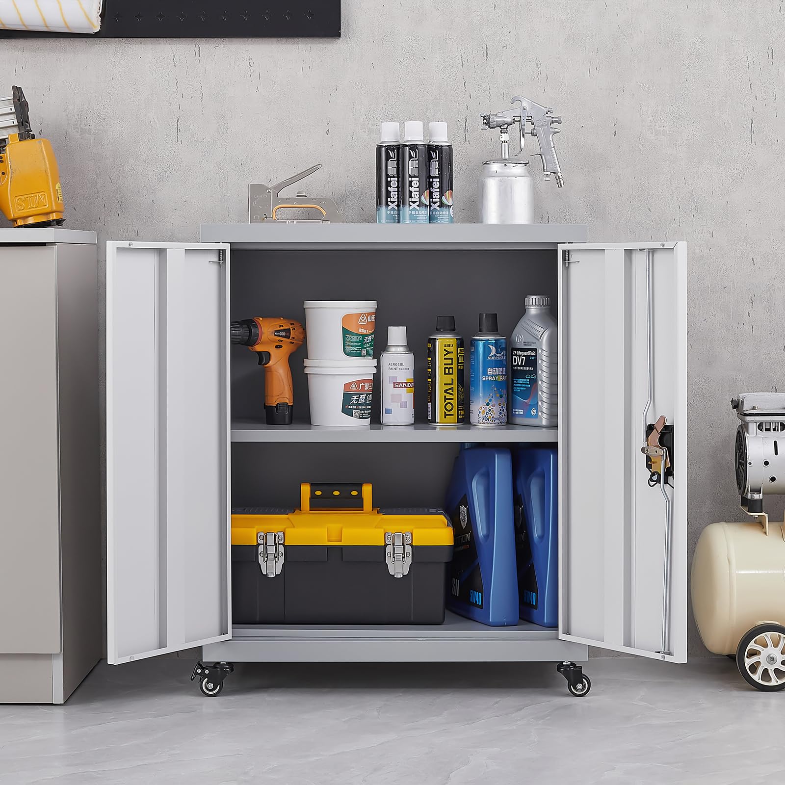Lockable Metal Storage Cabinet with Adjustable Shelves & Wheels - Heavy Duty Garage Organizer for Home, Office, Kitchen & Living Room - Space Saving Grey Steel Cabinet for Tools, Supplies & Household Items