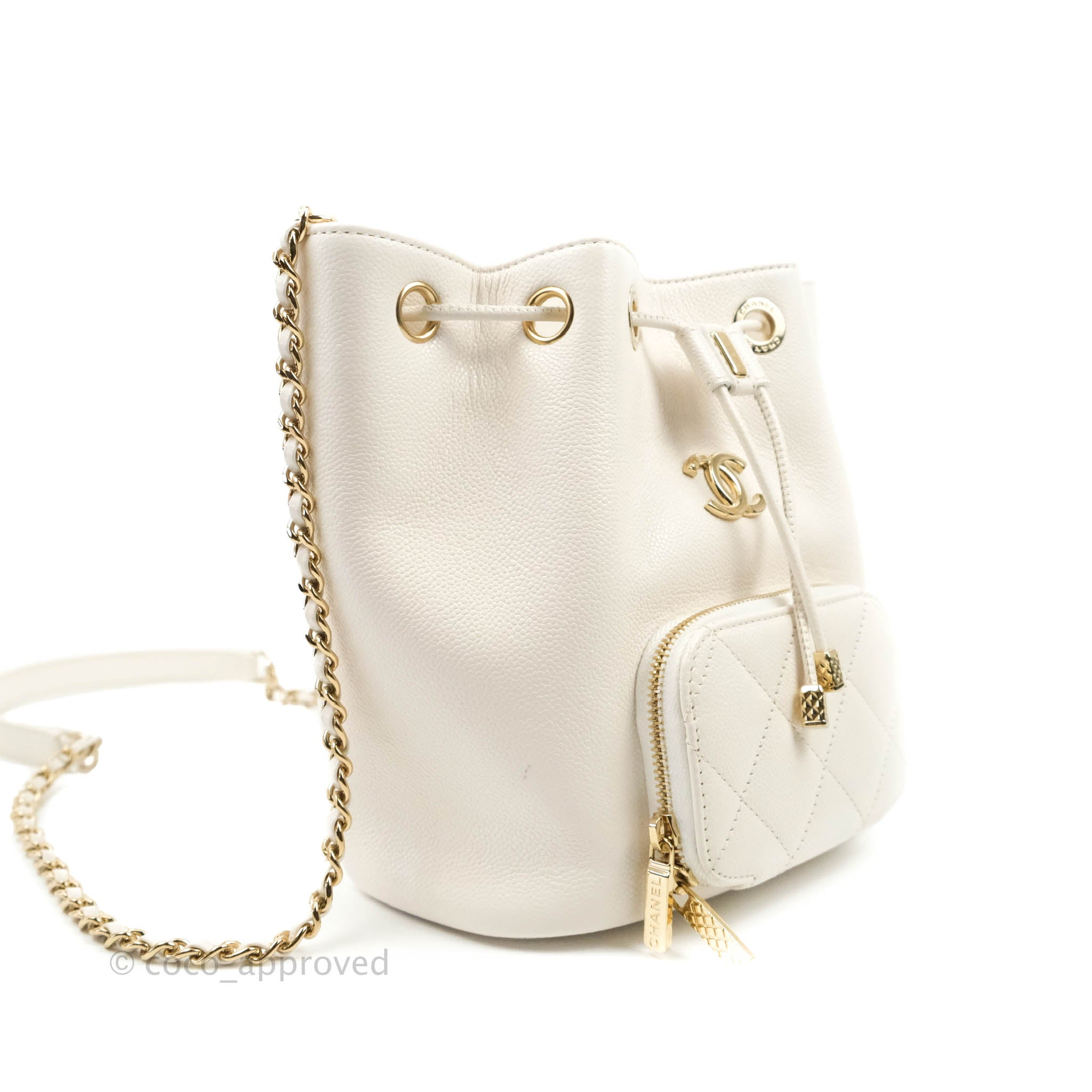 Chanel Business Affinity Drawstring Bucket Bag in White Caviar Leather with Gold Hardware - Perfect for Work, Travel & Everyday Luxury