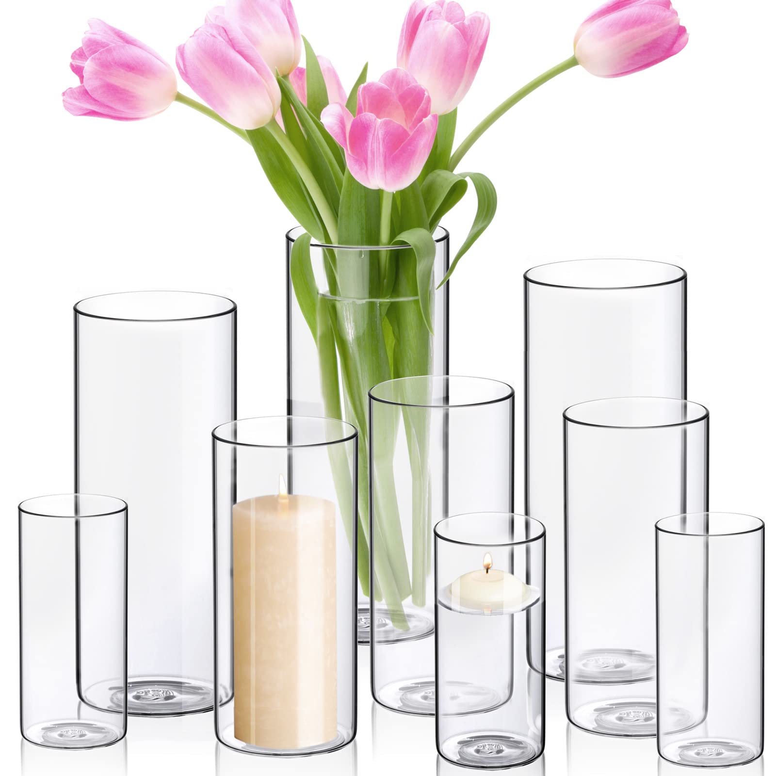 WDHODEC 9-Piece Hurricane Candle Holders Set - Clear Glass Cylinder Vases for Pillar Candles (10