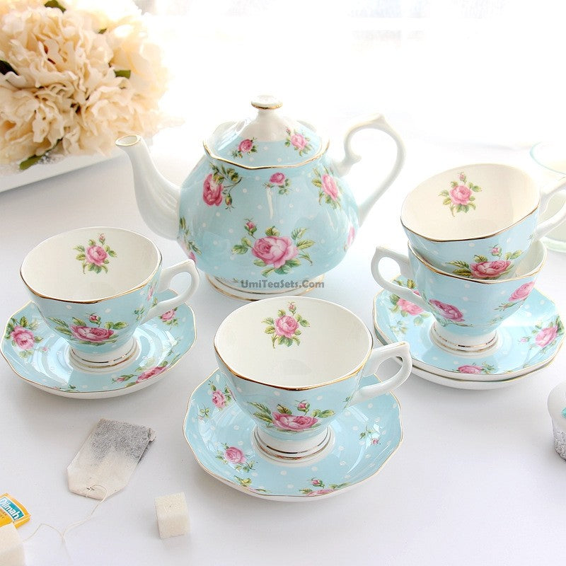 Elegant Light Green Dotted Bone China Tea Set - 16-Piece Porcelain Tea Service for Afternoon Tea, Bridal Shower & Home Decor